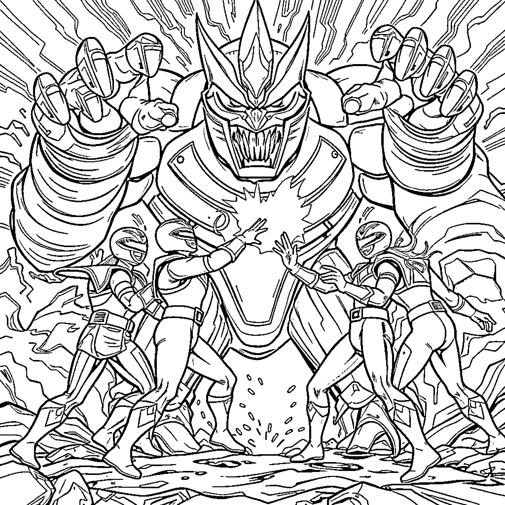 Power Rangers Facing a Formidable Villain Coloring Page (free black-and-white line drawing printable PDF for all, from beginners to advanced learners, including children, teens, adults, and seniors)