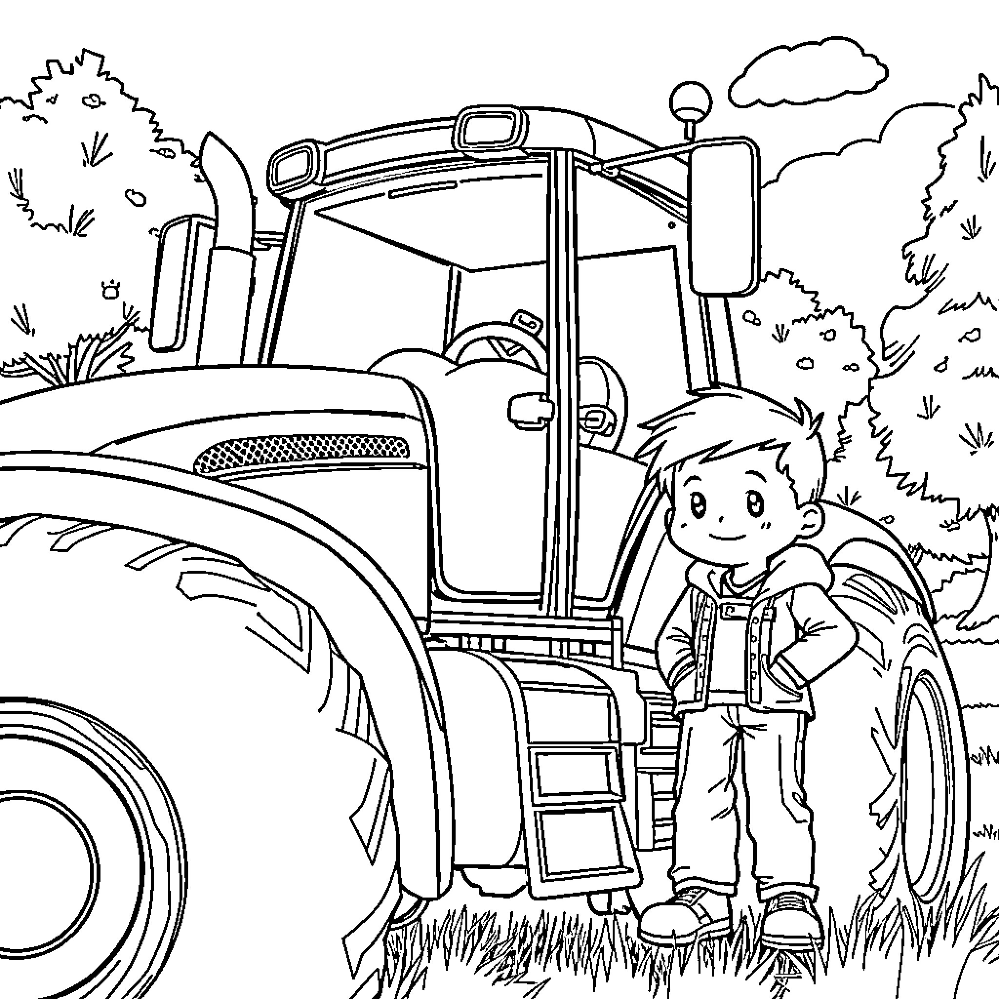 Tractor and farmer working in the countryside Coloring Page (free black-and-white line drawing printable PDF for all, from beginners to advanced learners, including children, teens, adults, and seniors)
