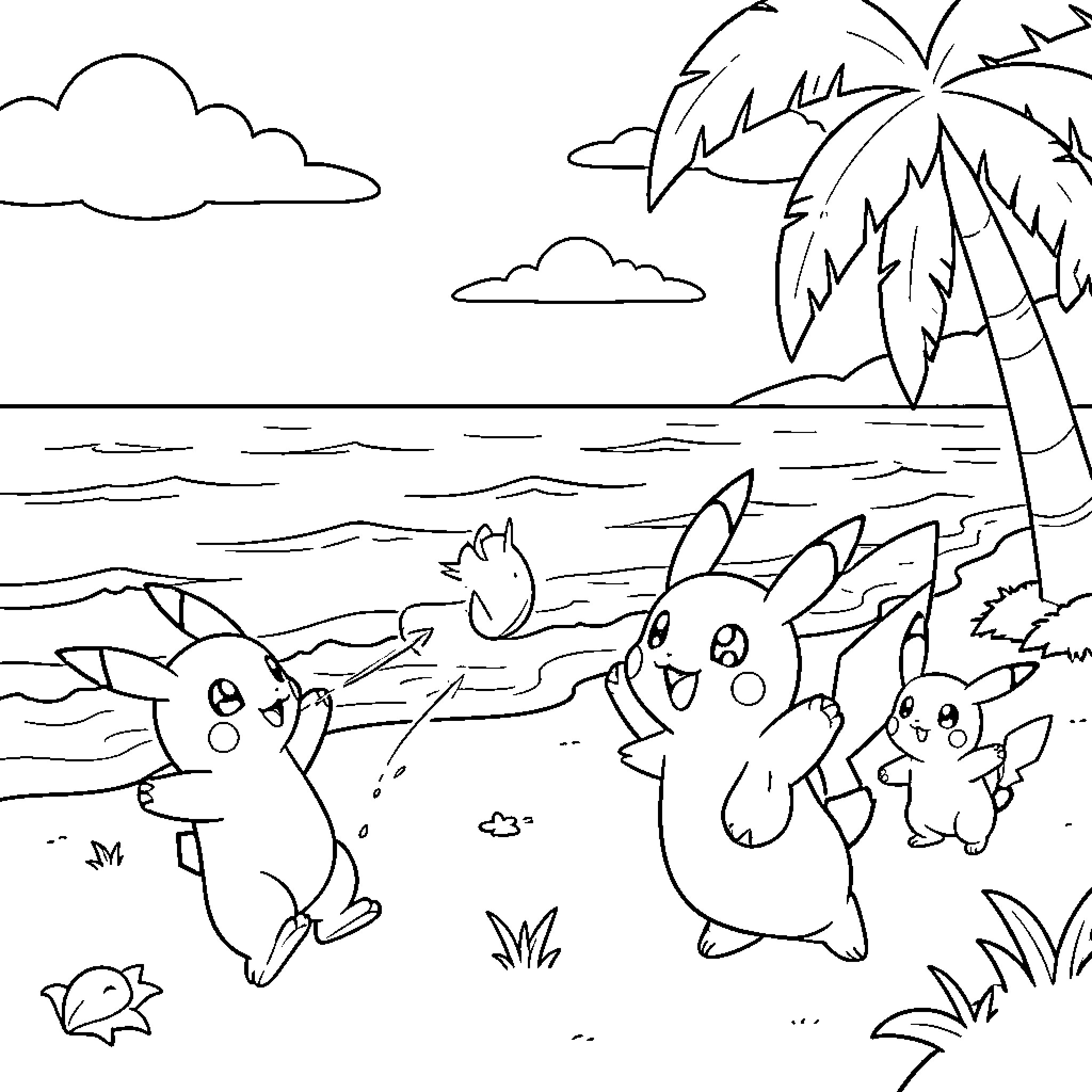 Pokémon playing joyfully on a tropical beach Coloring Page (free black-and-white line drawing printable PDF for all, from beginners to advanced learners, including children, teens, adults, and seniors)