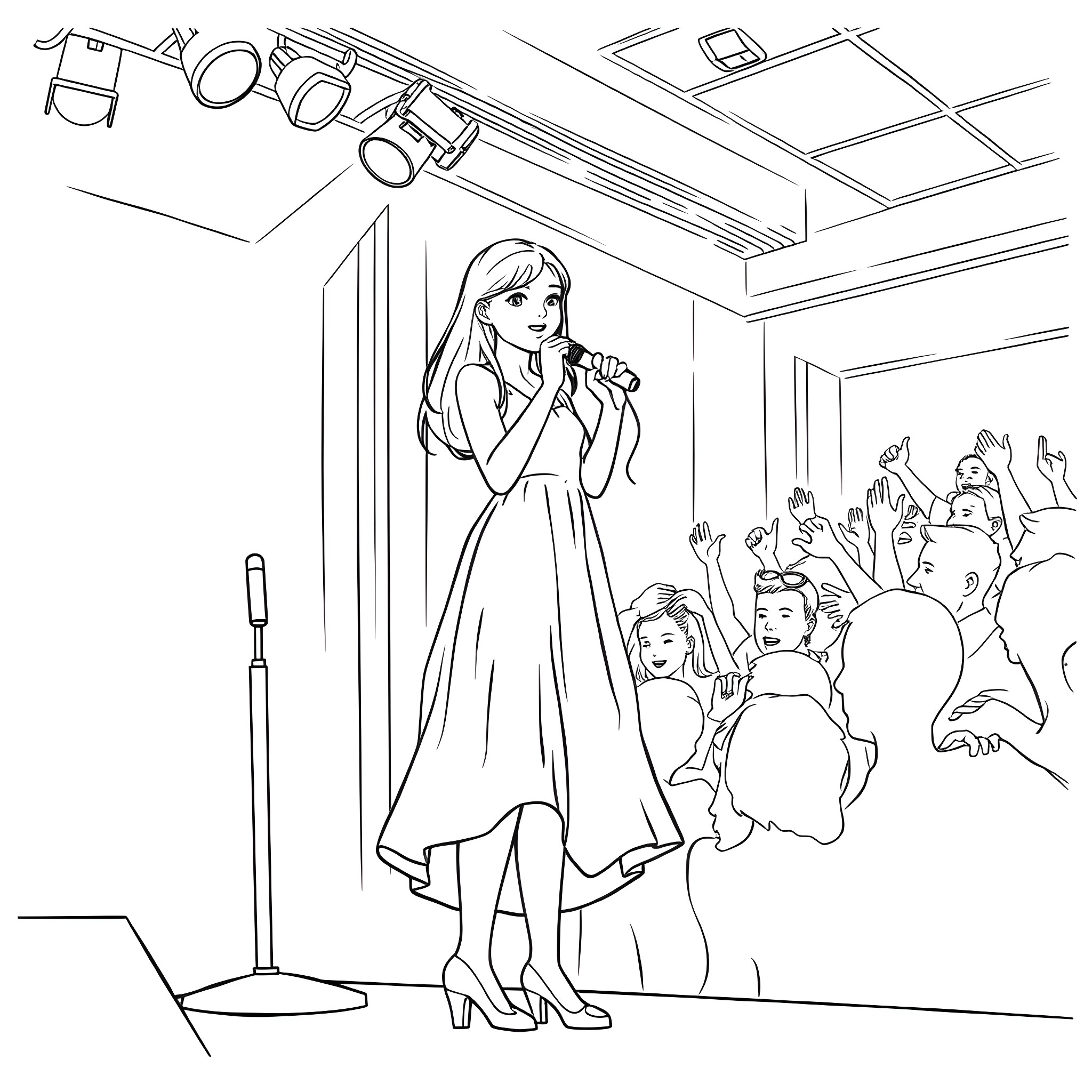 Teen Girl Singing and Performing on Stage Coloring Page (free black-and-white line drawing printable PDF for all, from beginners to advanced learners, including children, teens, adults, and seniors)