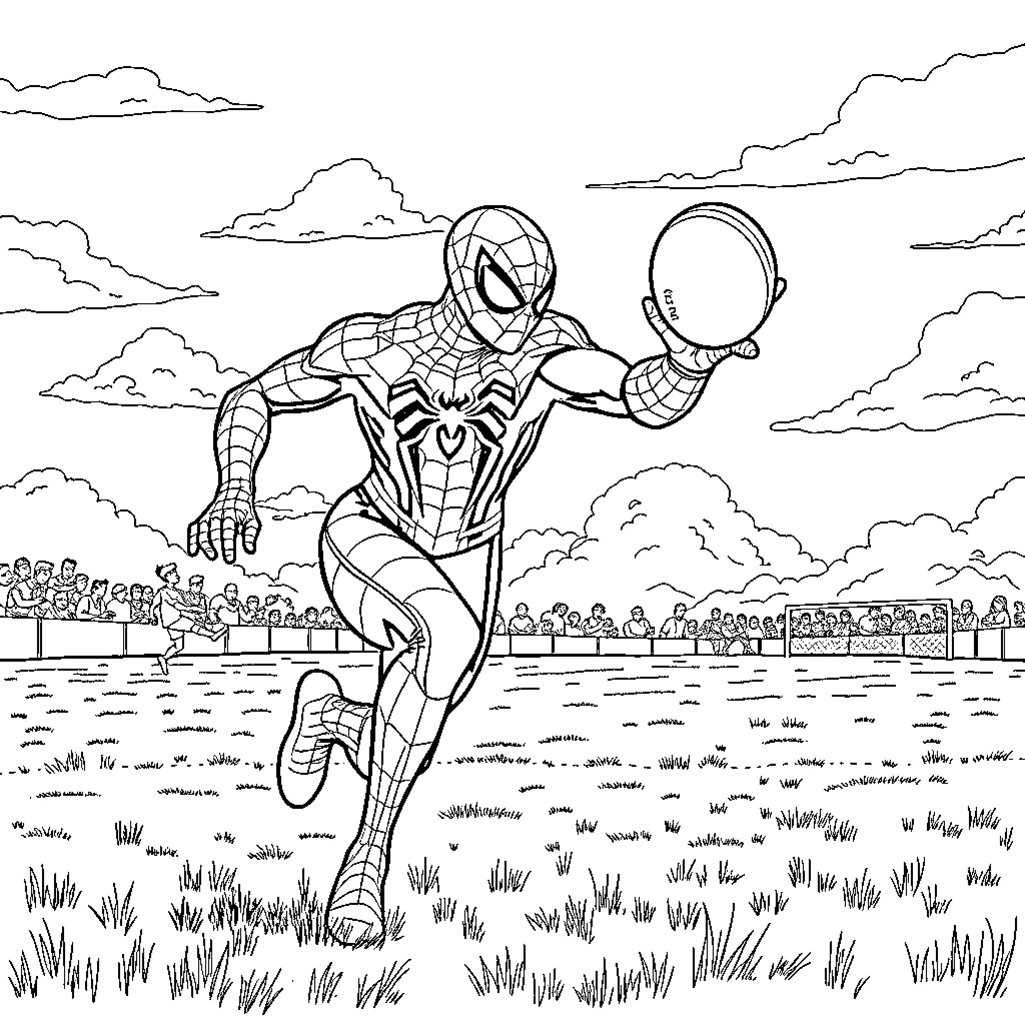 Spiderman racing across the field with webslinger Coloring Page (free black-and-white line drawing printable PDF for all, from beginners to advanced learners, including children, teens, adults, and seniors)