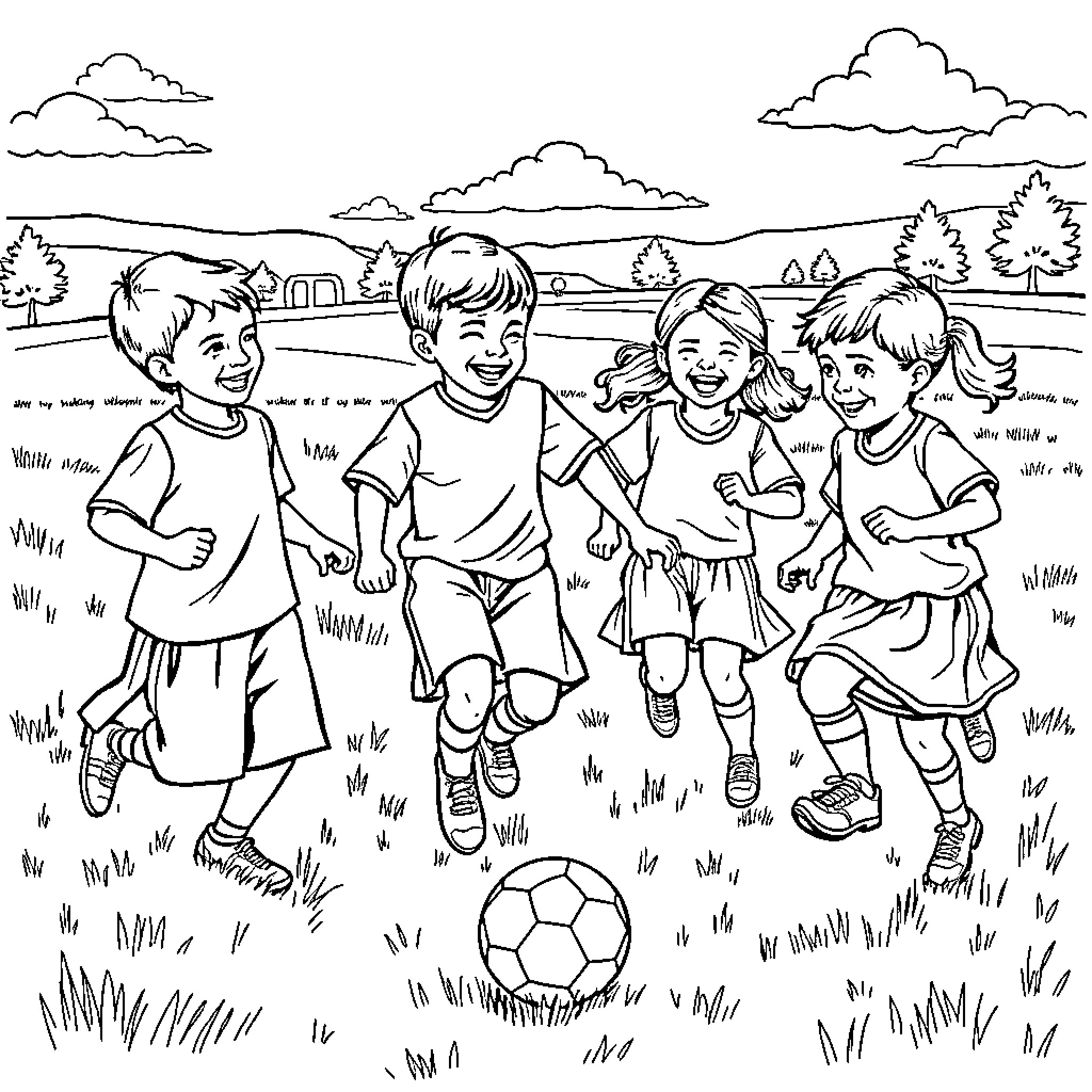 Kid friends playing soccer in the park Coloring Page (free black-and-white line drawing printable PDF for all, from beginners to advanced learners, including children, teens, adults, and seniors)