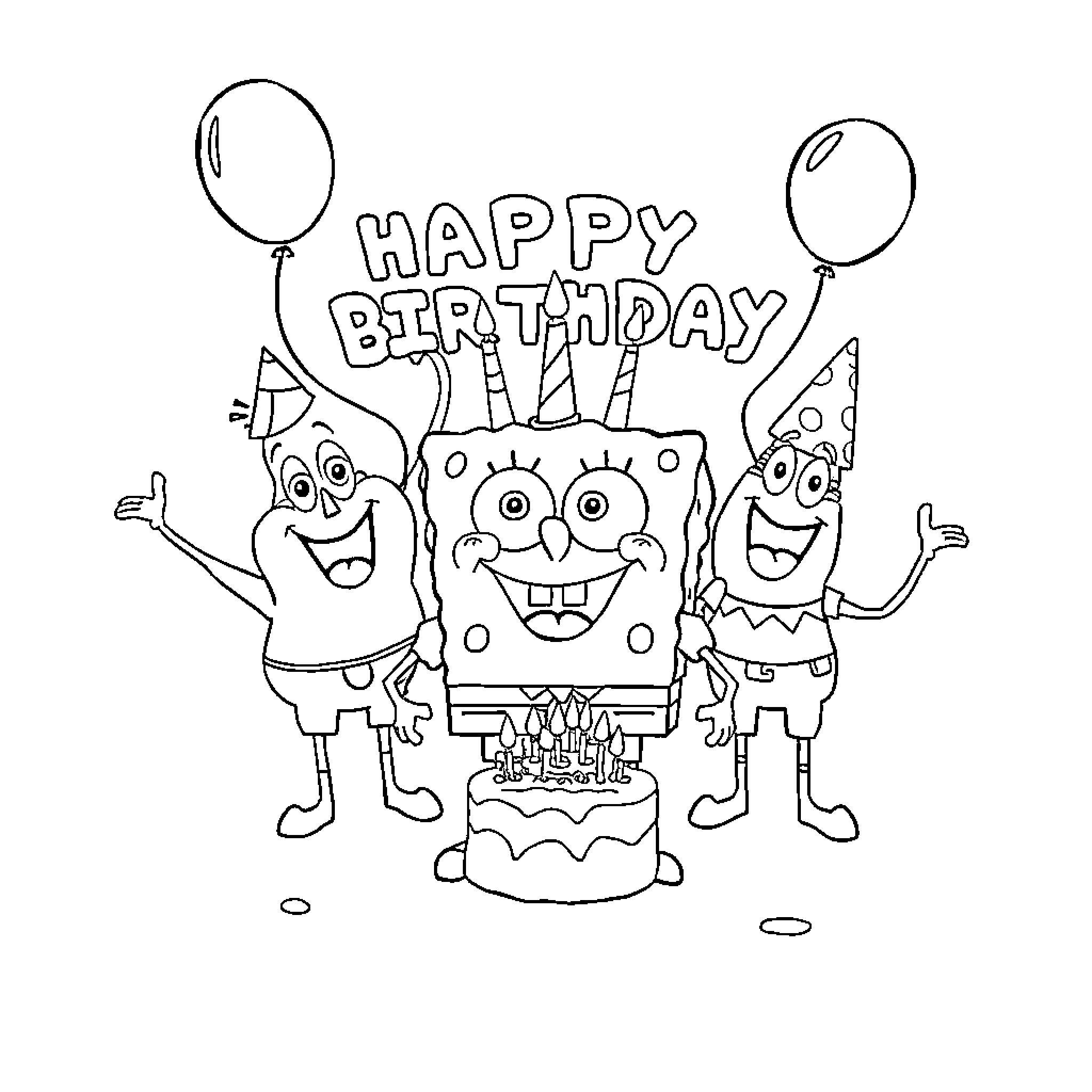 Spongebob and friends celebrate a happy birthday Coloring Page (free black-and-white line drawing printable PDF for all, from beginners to advanced learners, including children, teens, adults, and seniors)