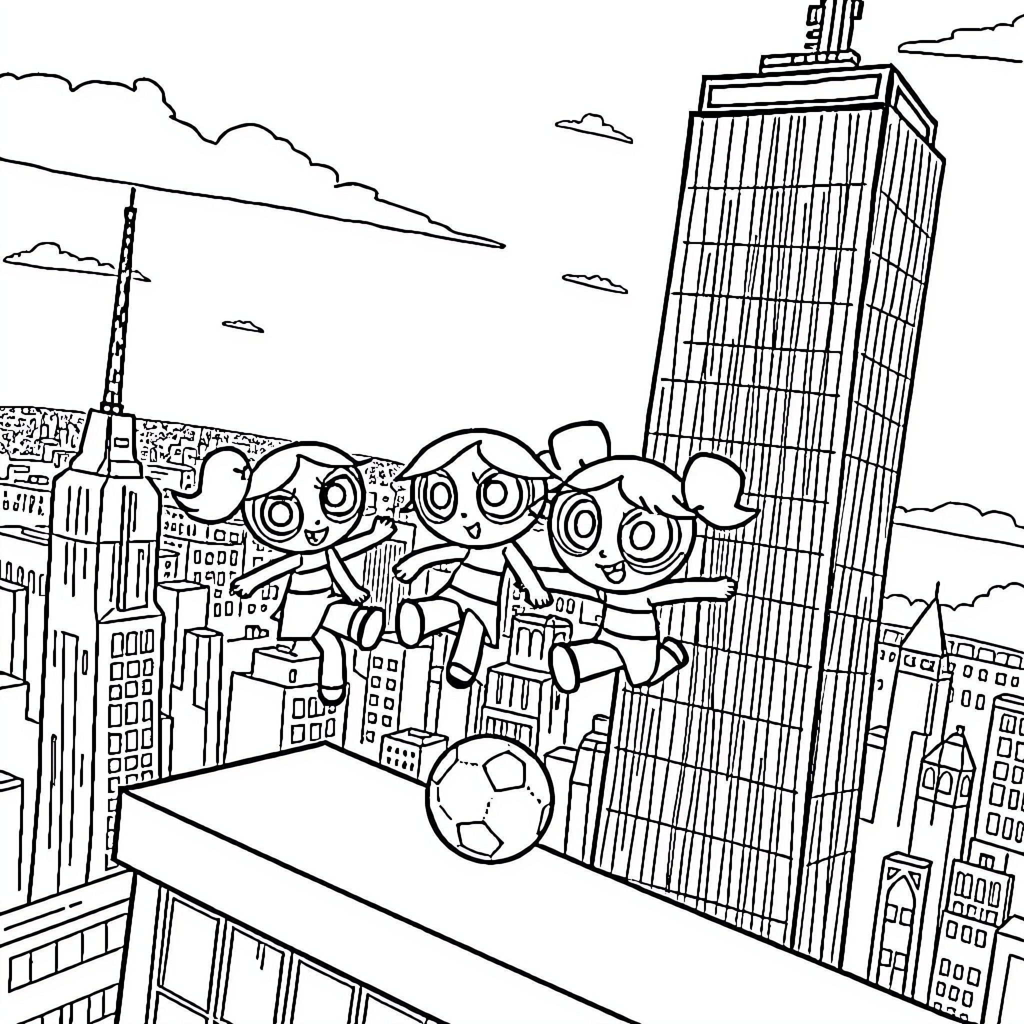 Powerpuff Girls adventuring in the city skyline Coloring Page (free black-and-white line drawing printable PDF for all, from beginners to advanced learners, including children, teens, adults, and seniors)