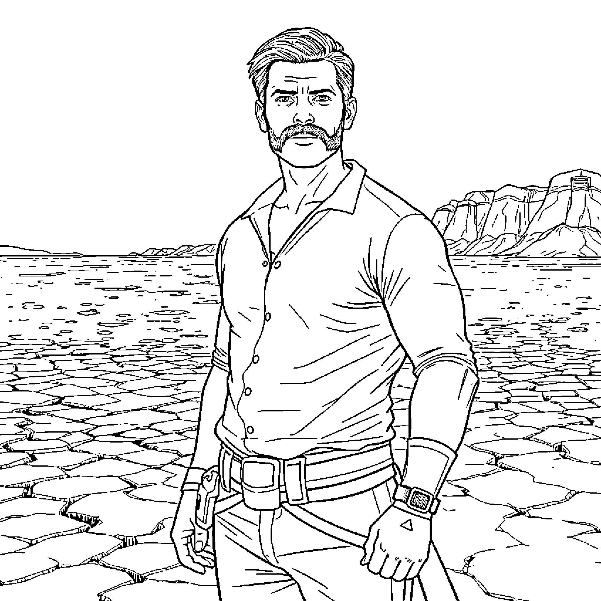 Henry Cavill as a rugged cowboy in the wilderness Coloring Page (free black-and-white line drawing printable PDF for all, from beginners to advanced learners, including children, teens, adults, and seniors)