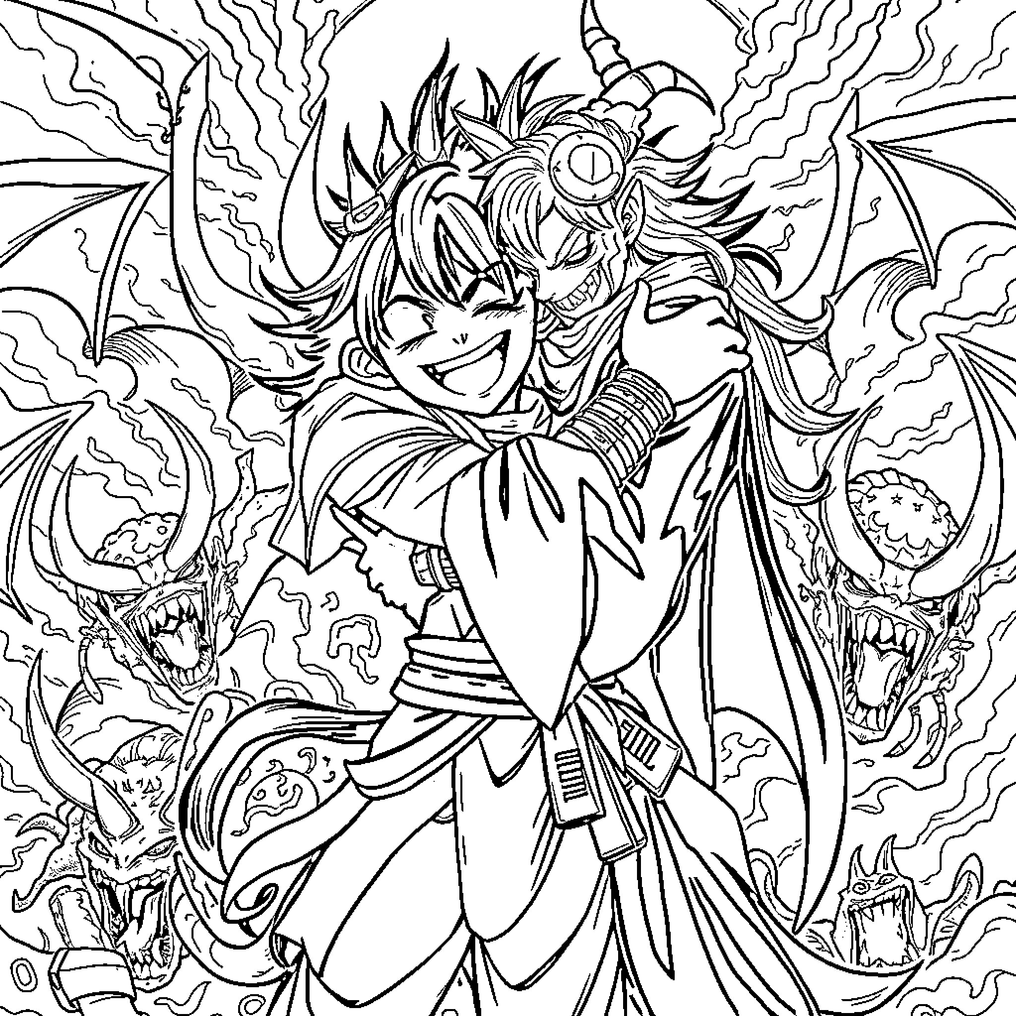 Rumi's Dramatic Encounter with Mystical Creatures Coloring Page (free black-and-white line drawing printable PDF for all, from beginners to advanced learners, including children, teens, adults, and seniors)