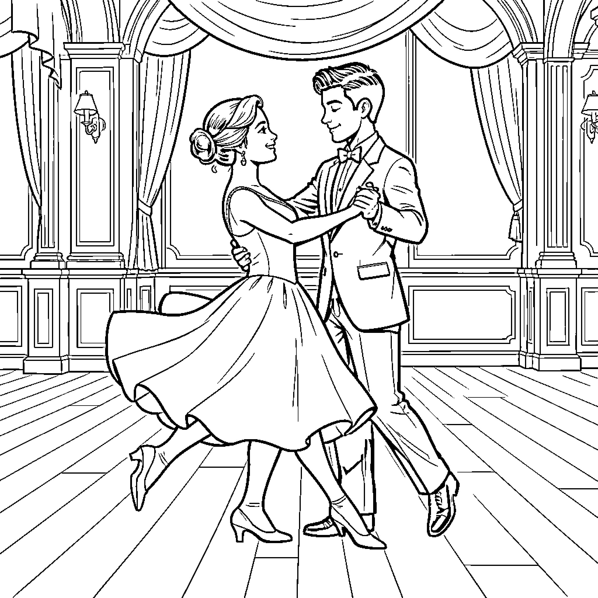 Dancer couple performing a ballroom dance in a ballroom Coloring Page (free black-and-white line drawing printable PDF for all, from beginners to advanced learners, including children, teens, adults, and seniors)