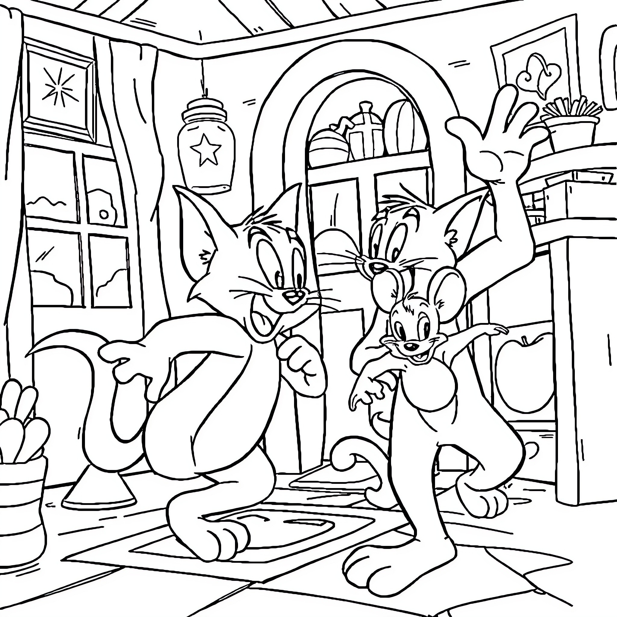 Tom and Jerry's Mischievous Antics in the House Coloring Page (free black-and-white line drawing printable PDF for all, from beginners to advanced learners, including children, teens, adults, and seniors)