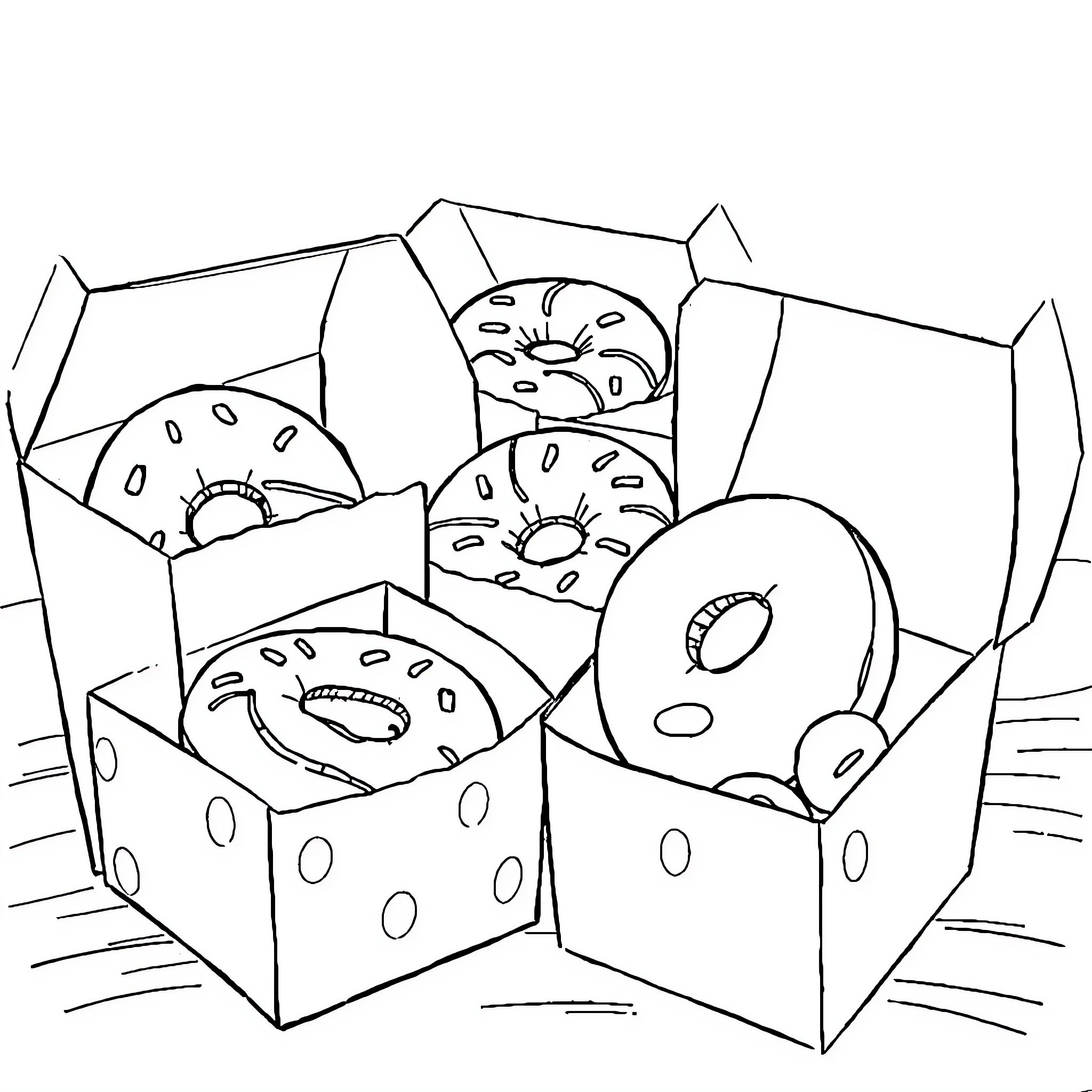 Dunkin' Donuts boxes with assortment of treats Coloring Page (free black-and-white line drawing printable PDF for all, from beginners to advanced learners, including children, teens, adults, and seniors)