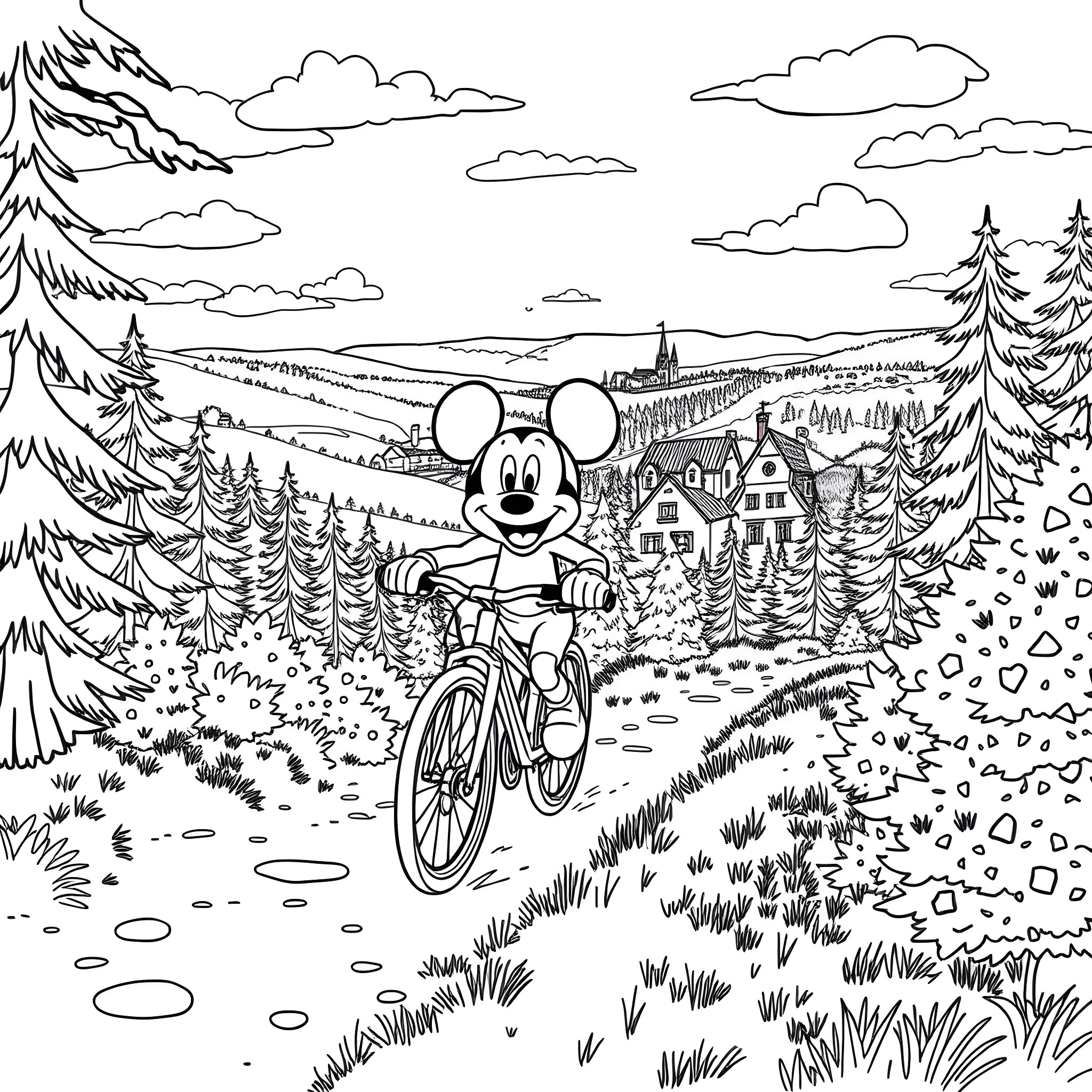 Mickey Mouse riding a bicycle through a scenic countryside Coloring Page (free black-and-white line drawing printable PDF for all, from beginners to advanced learners, including children, teens, adults, and seniors)