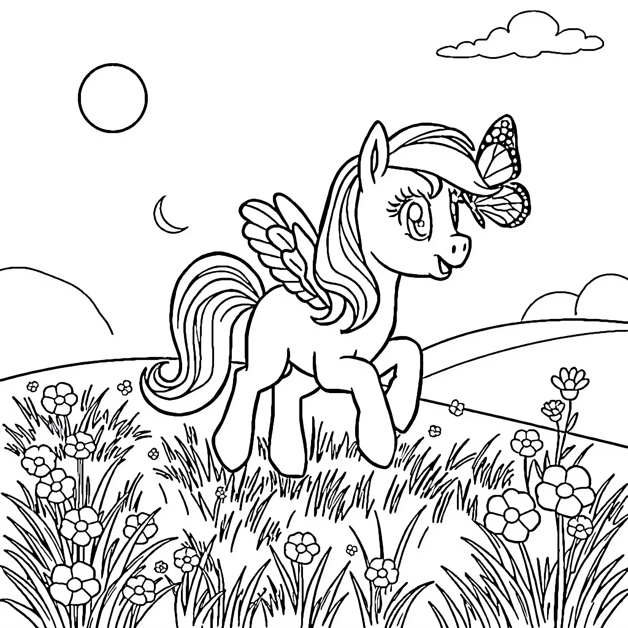 My Little Pony playing happily in a meadow Coloring Page (free black-and-white line drawing printable PDF for all, from beginners to advanced learners, including children, teens, adults, and seniors)