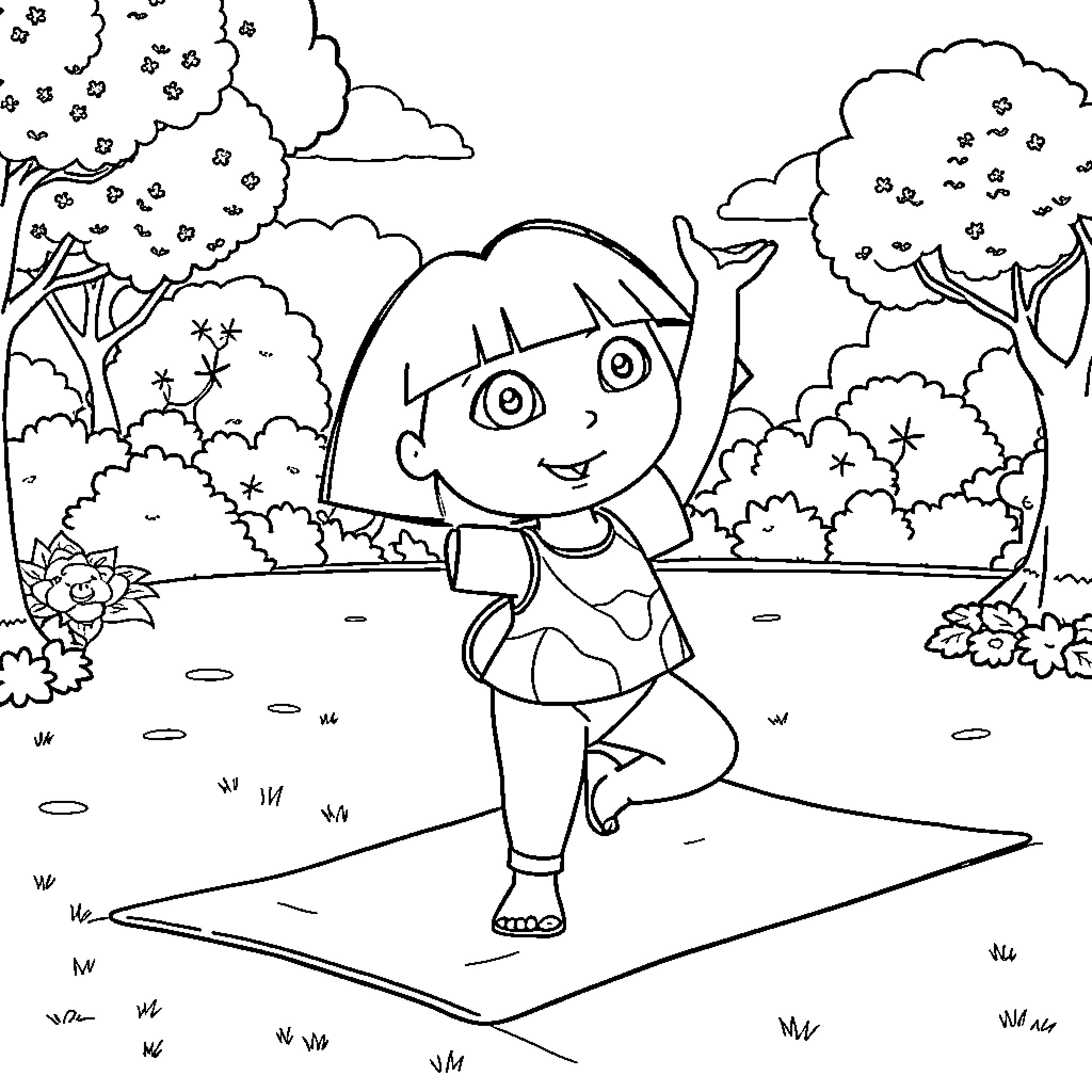 Dora exploring the outdoors with excitement Coloring Page (free black-and-white line drawing printable PDF for all, from beginners to advanced learners, including children, teens, adults, and seniors)