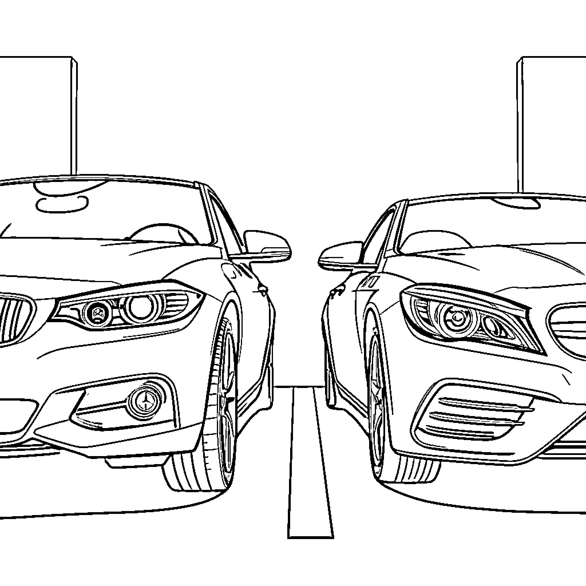 Car models facing each other in garage Coloring Page (free black-and-white line drawing printable PDF for all, from beginners to advanced learners, including children, teens, adults, and seniors)