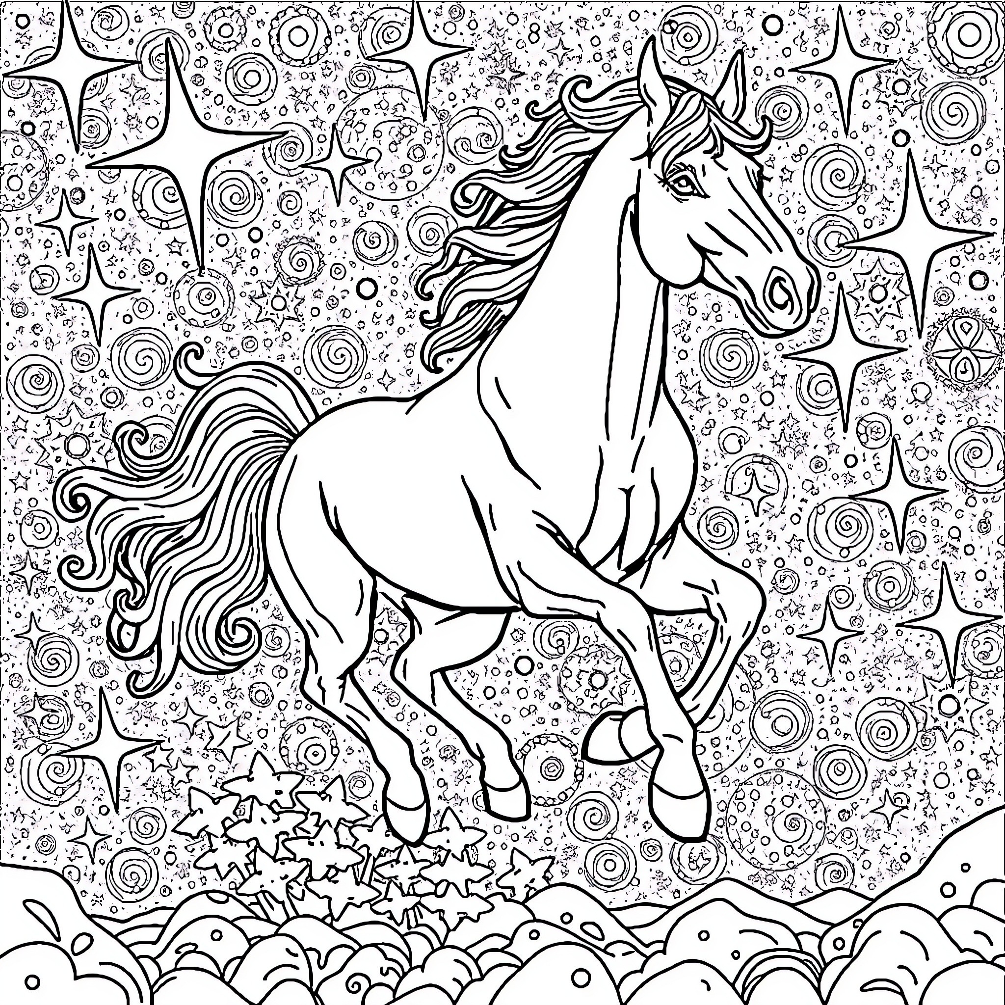 Stallion galloping through a magical landscape Coloring Page (free black-and-white line drawing printable PDF for all, from beginners to advanced learners, including children, teens, adults, and seniors)