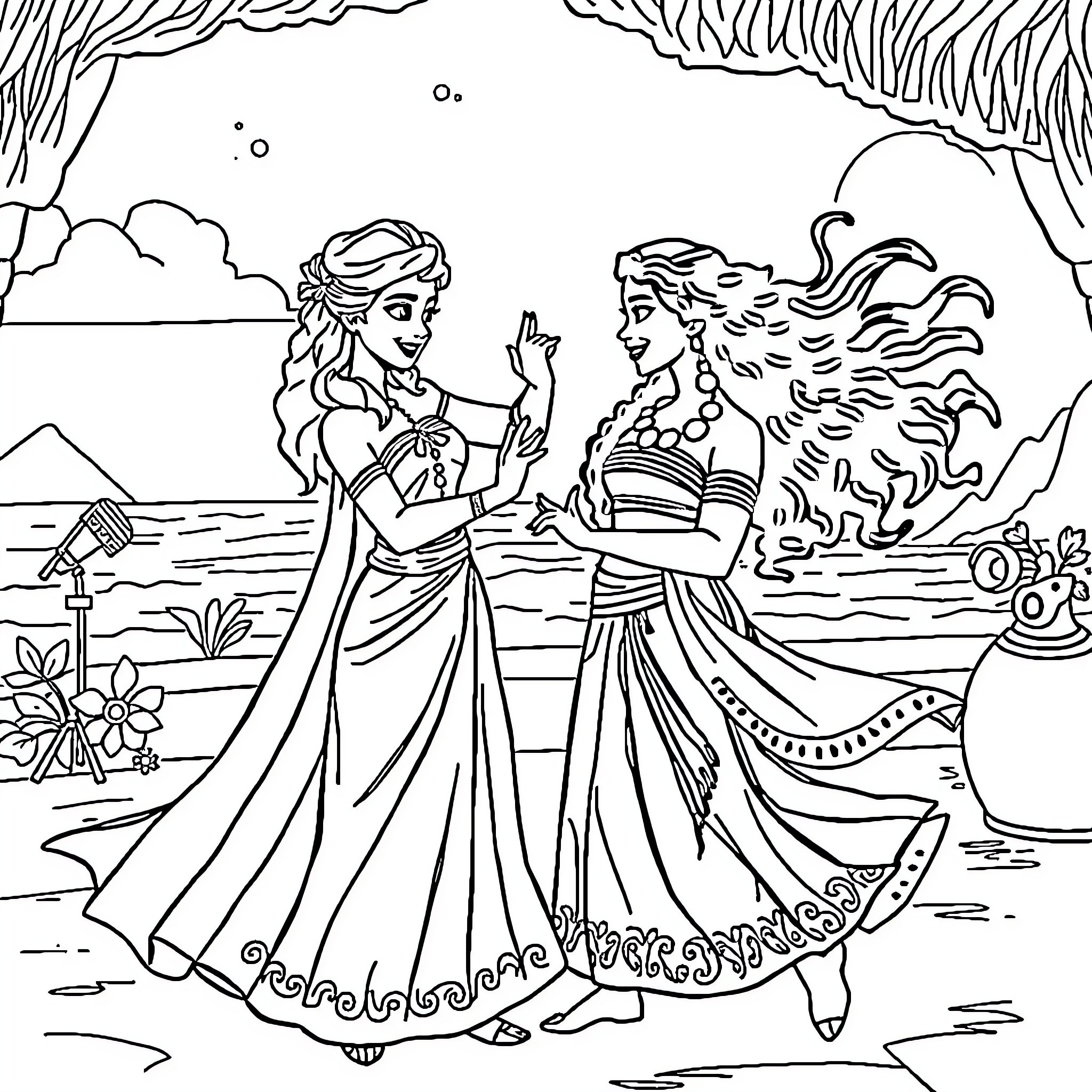 Elsa and Ariel in a Magical Seaside Adventure Coloring Page (free black-and-white line drawing printable PDF for all, from beginners to advanced learners, including children, teens, adults, and seniors)