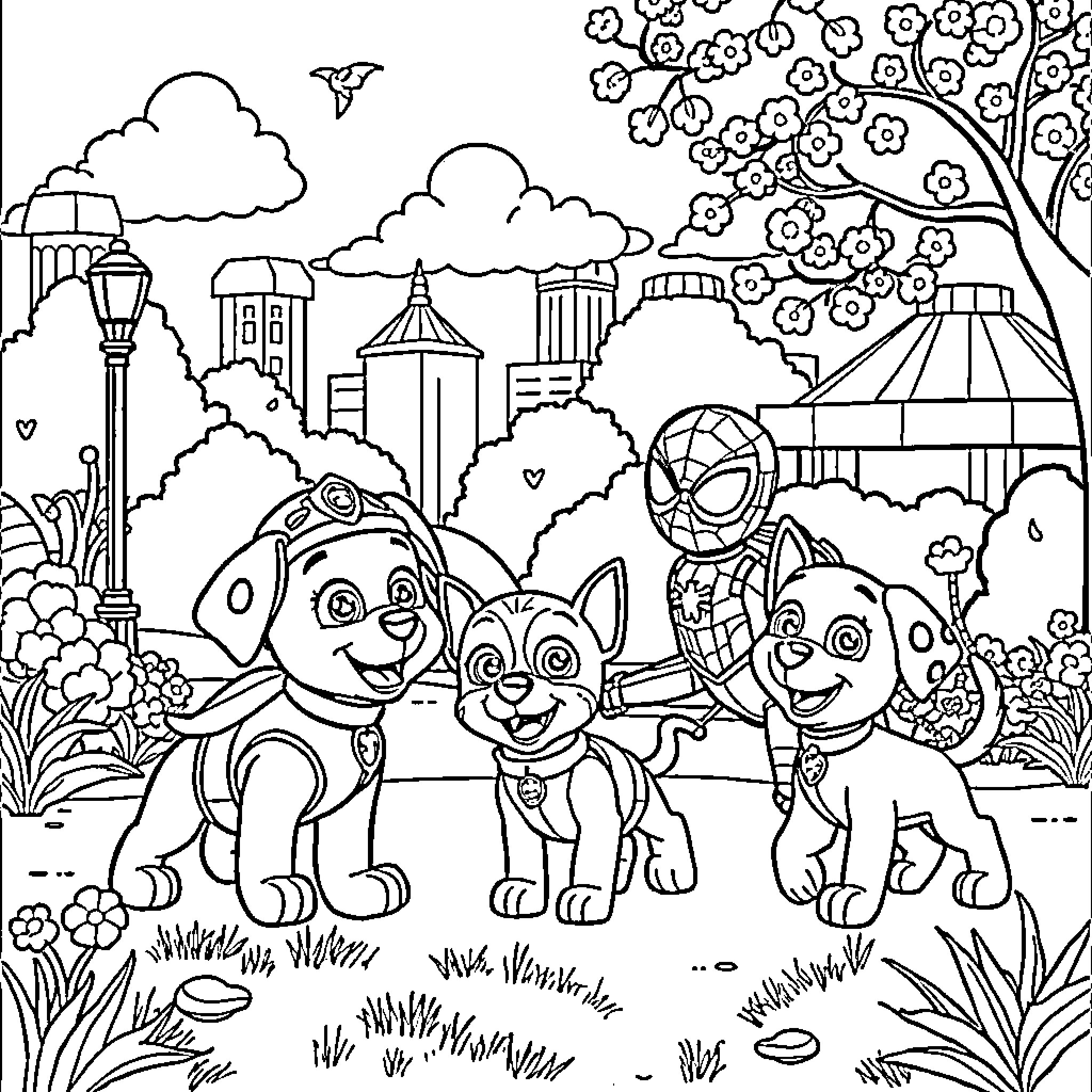Paw Patrol characters exploring the city playground Coloring Page (free black-and-white line drawing printable PDF for all, from beginners to advanced learners, including children, teens, adults, and seniors)