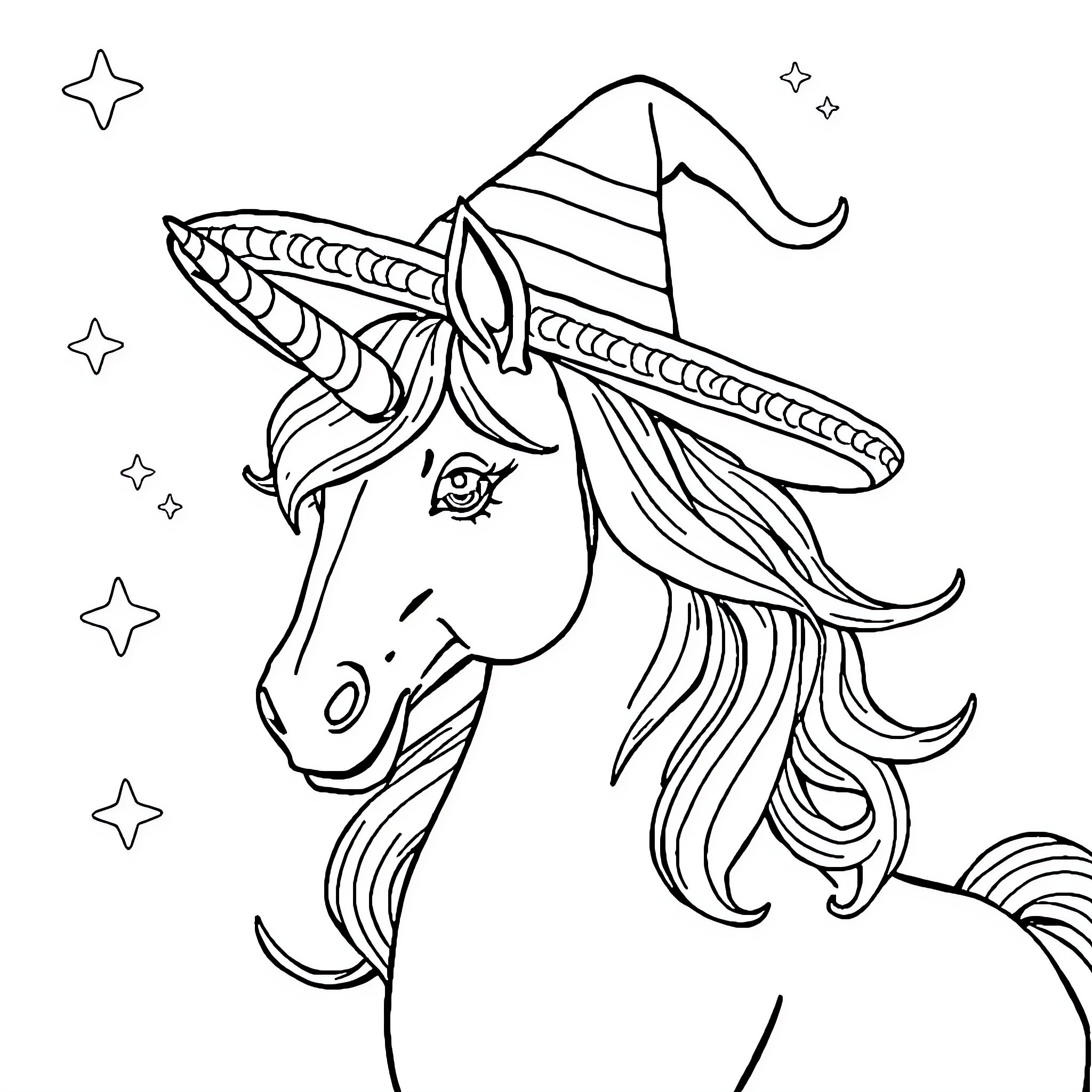 Unicorn with Whimsical Hat and Stars Coloring Page (free black-and-white line drawing printable PDF for all, from beginners to advanced learners, including children, teens, adults, and seniors)