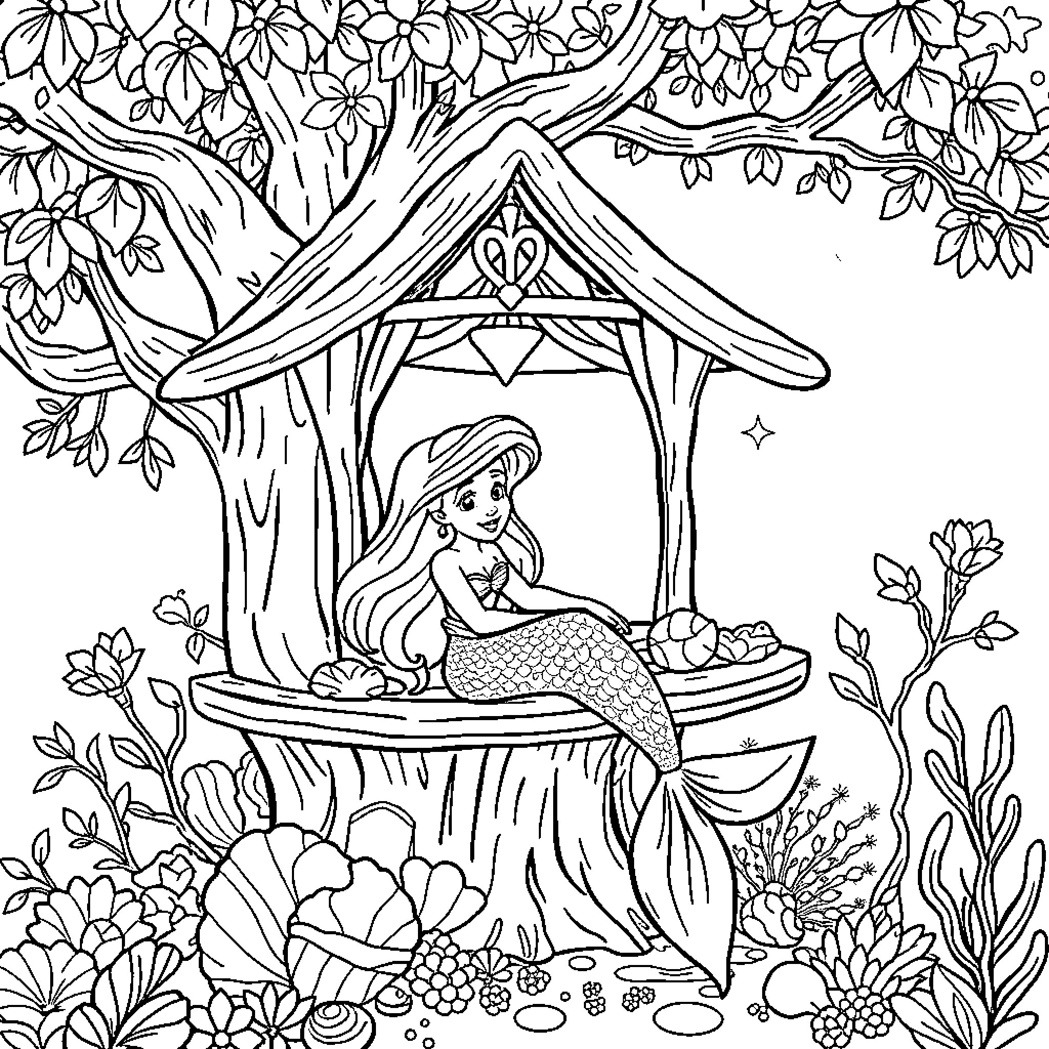 Ariel resting in a floral gazebo Coloring Page (free black-and-white line drawing printable PDF for all, from beginners to advanced learners, including children, teens, adults, and seniors)