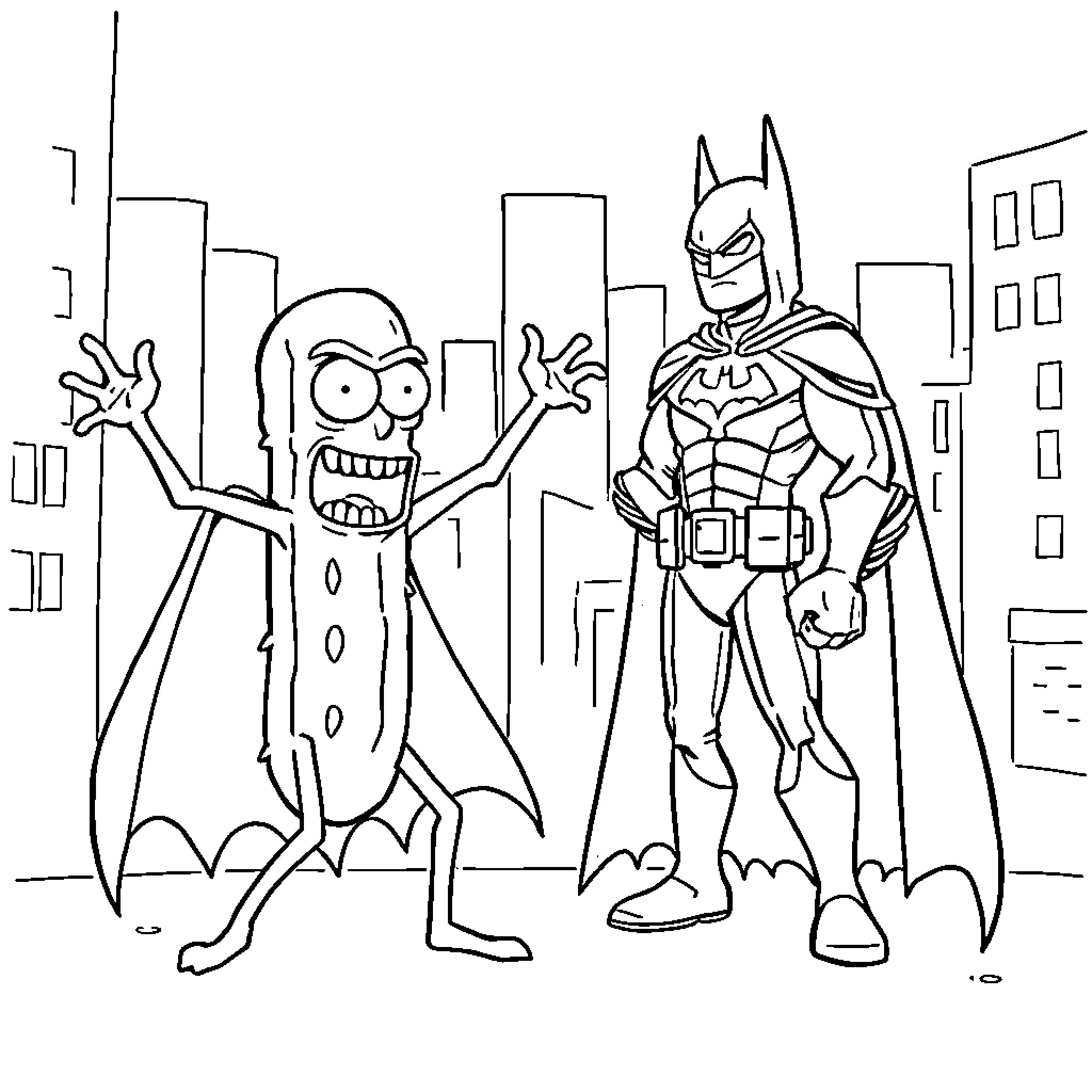 Pickle Rick confronting Batman in the city Coloring Page (free black-and-white line drawing printable PDF for all, from beginners to advanced learners, including children, teens, adults, and seniors)