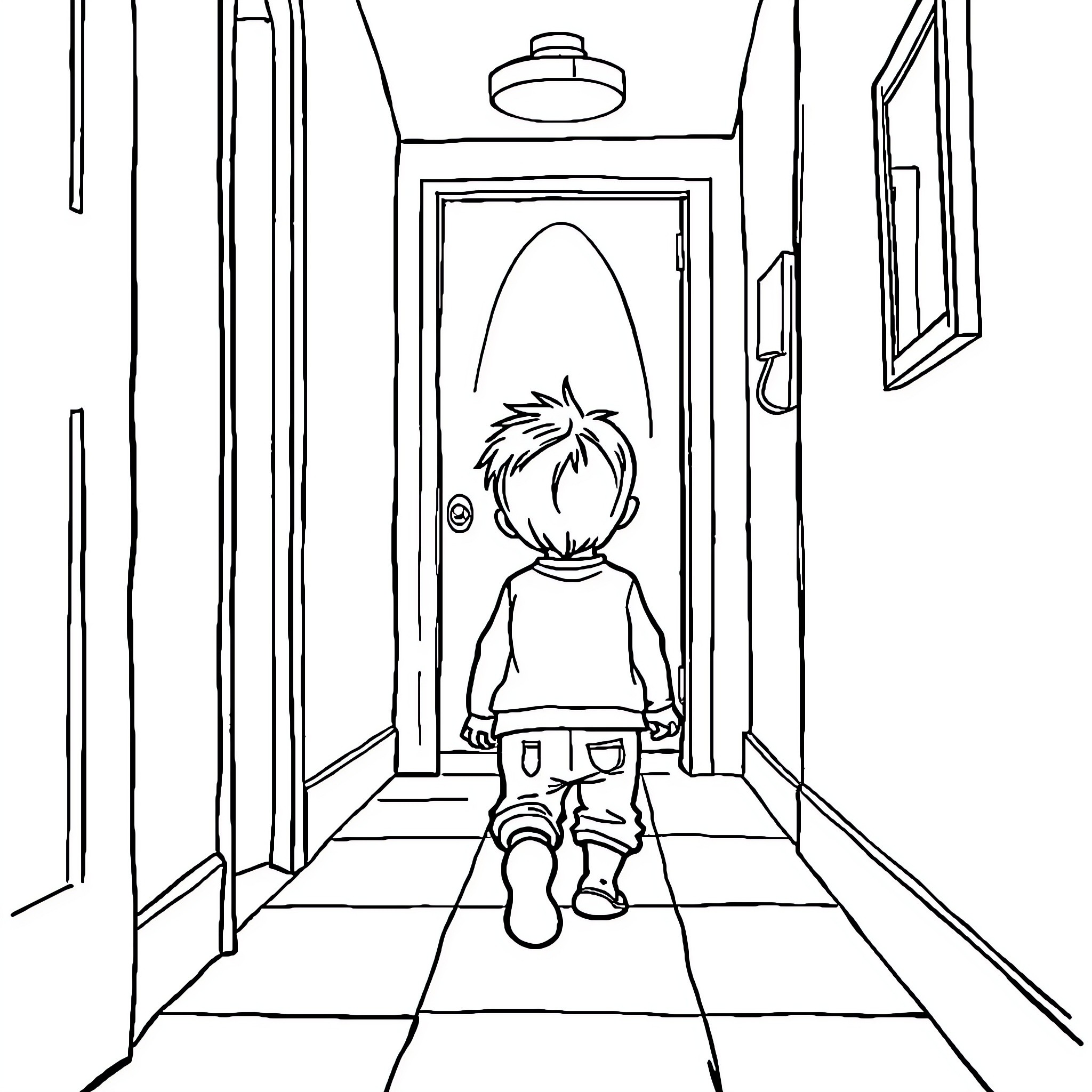 Child exploring a mysterious doorway in a hallway Coloring Page (free black-and-white line drawing printable PDF for all, from beginners to advanced learners, including children, teens, adults, and seniors)