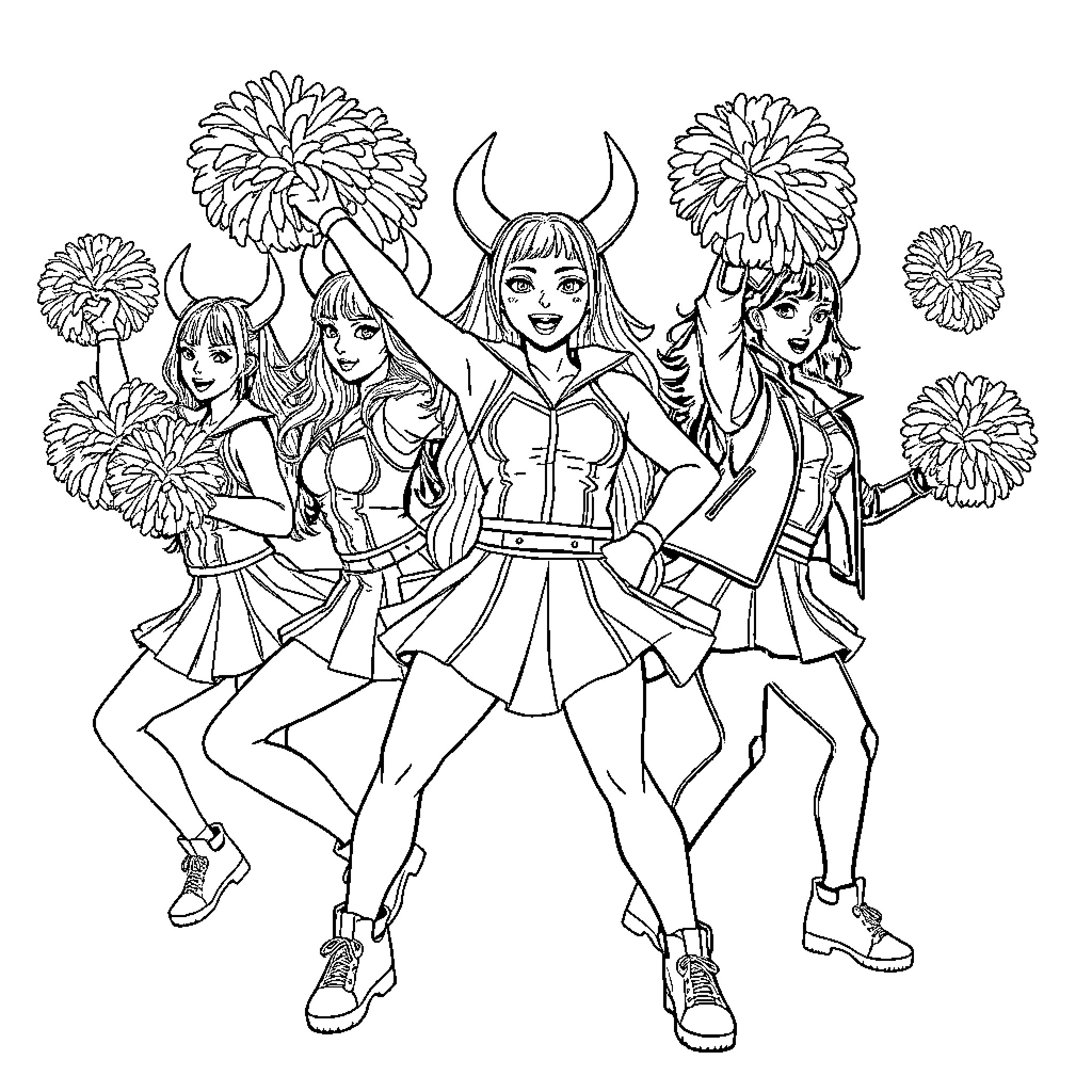 Demon Hunters Performing a Cheerful Routine Coloring Page (free black-and-white line drawing printable PDF for all, from beginners to advanced learners, including children, teens, adults, and seniors)