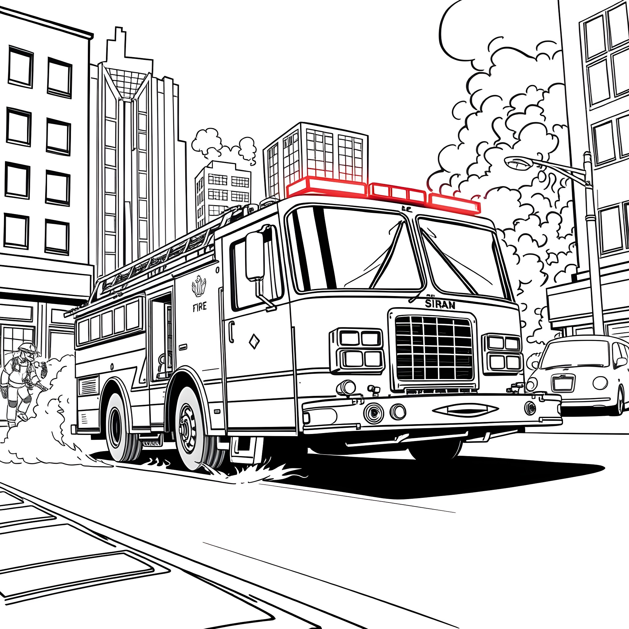 Fire Engine rushing through the city streets Coloring Page (free black-and-white line drawing printable PDF for all, from beginners to advanced learners, including children, teens, adults, and seniors)