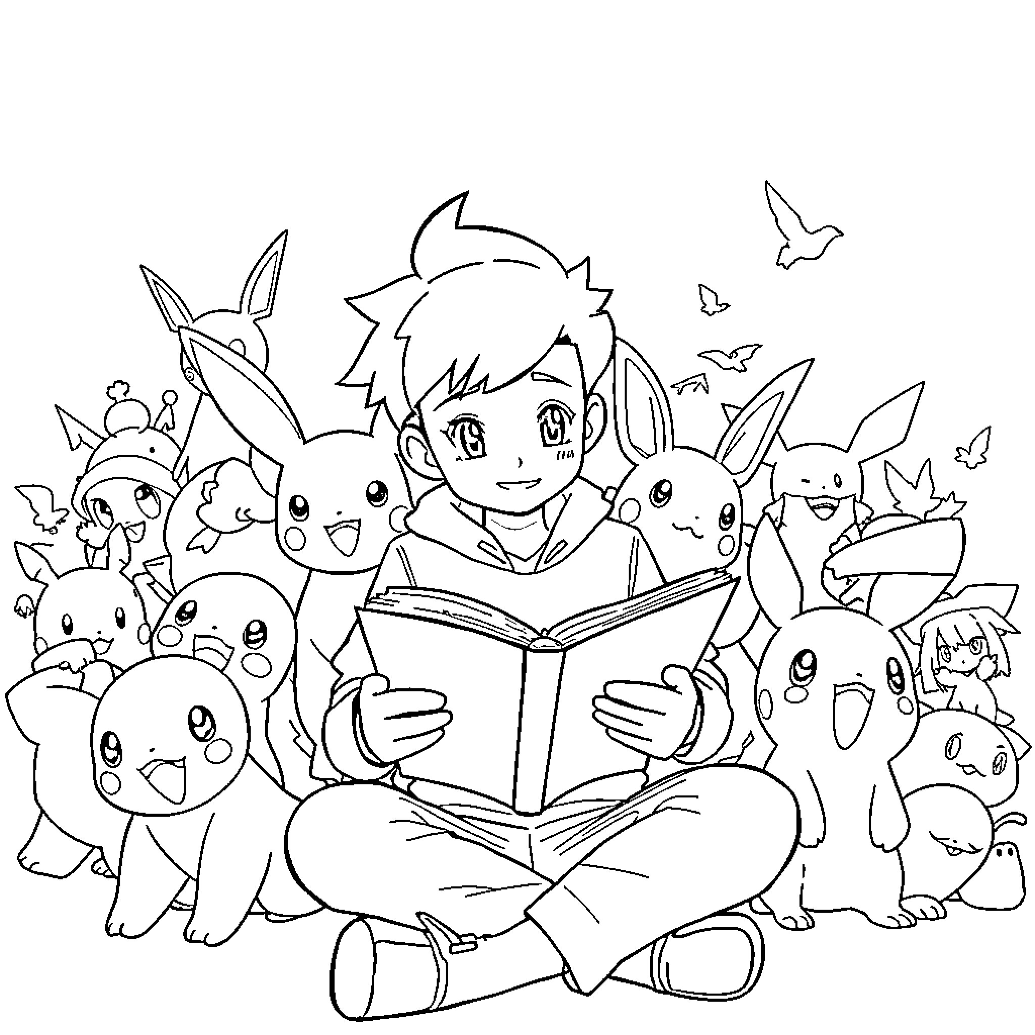 Pokémon trainer reading book surrounded by Pokémon Coloring Page (free black-and-white line drawing printable PDF for all, from beginners to advanced learners, including children, teens, adults, and seniors)