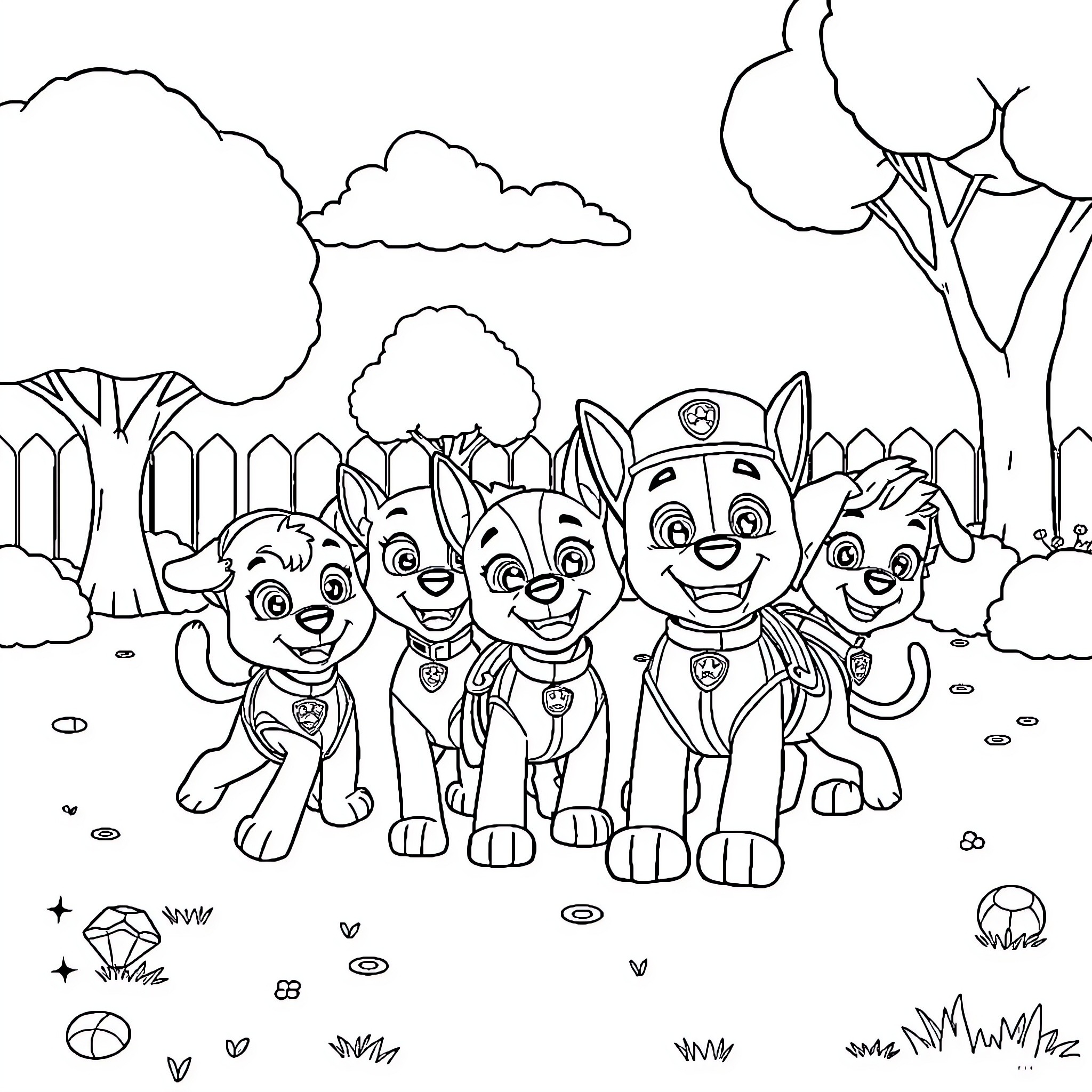Paw Patrol puppies playing in the park Coloring Page (free black-and-white line drawing printable PDF for all, from beginners to advanced learners, including children, teens, adults, and seniors)