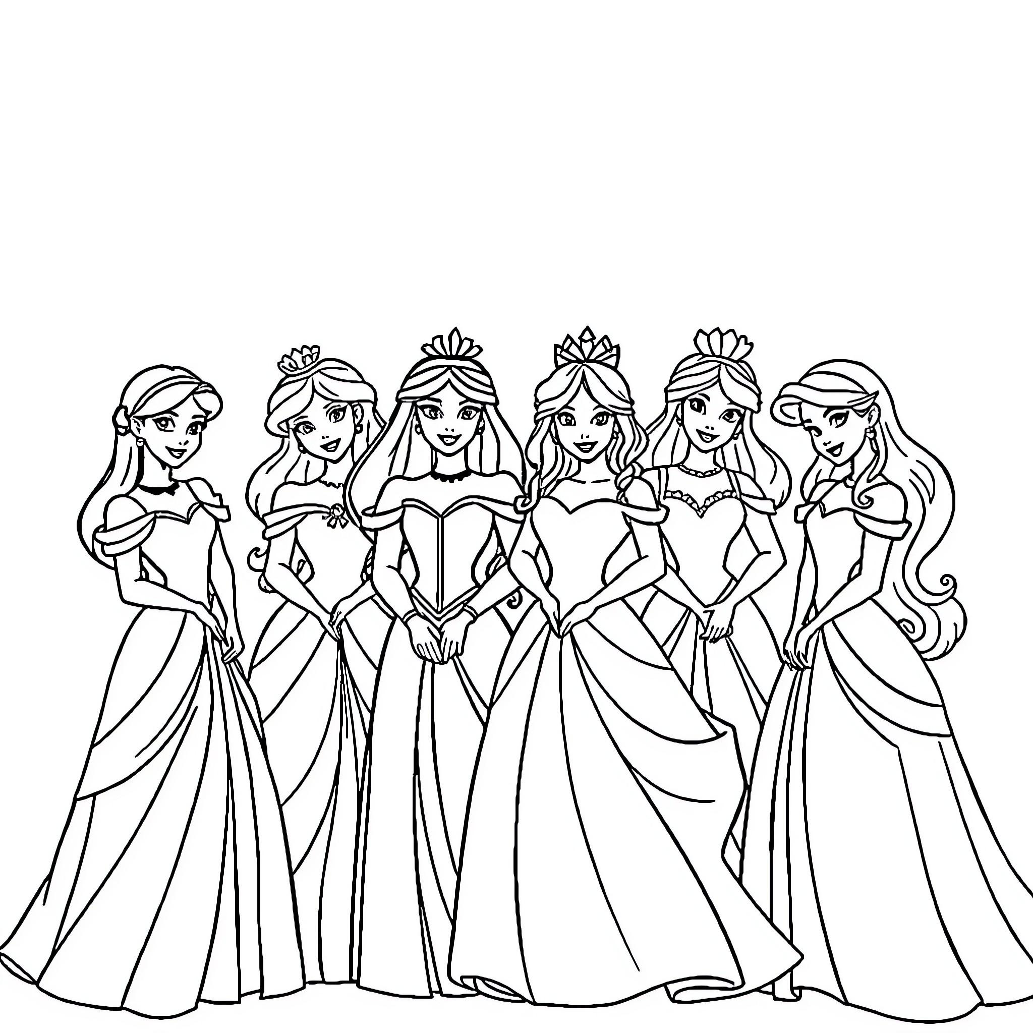 Disney Princesses Gathered in Elegant Attire Coloring Page (free black-and-white line drawing printable PDF for all, from beginners to advanced learners, including children, teens, adults, and seniors)