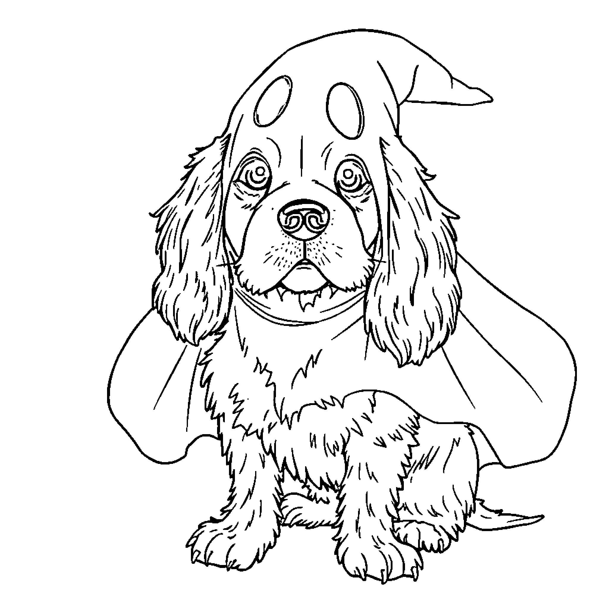 Cocker Spaniel playing with big eyes and fluffy fur Coloring Page (free black-and-white line drawing printable PDF for all, from beginners to advanced learners, including children, teens, adults, and seniors)