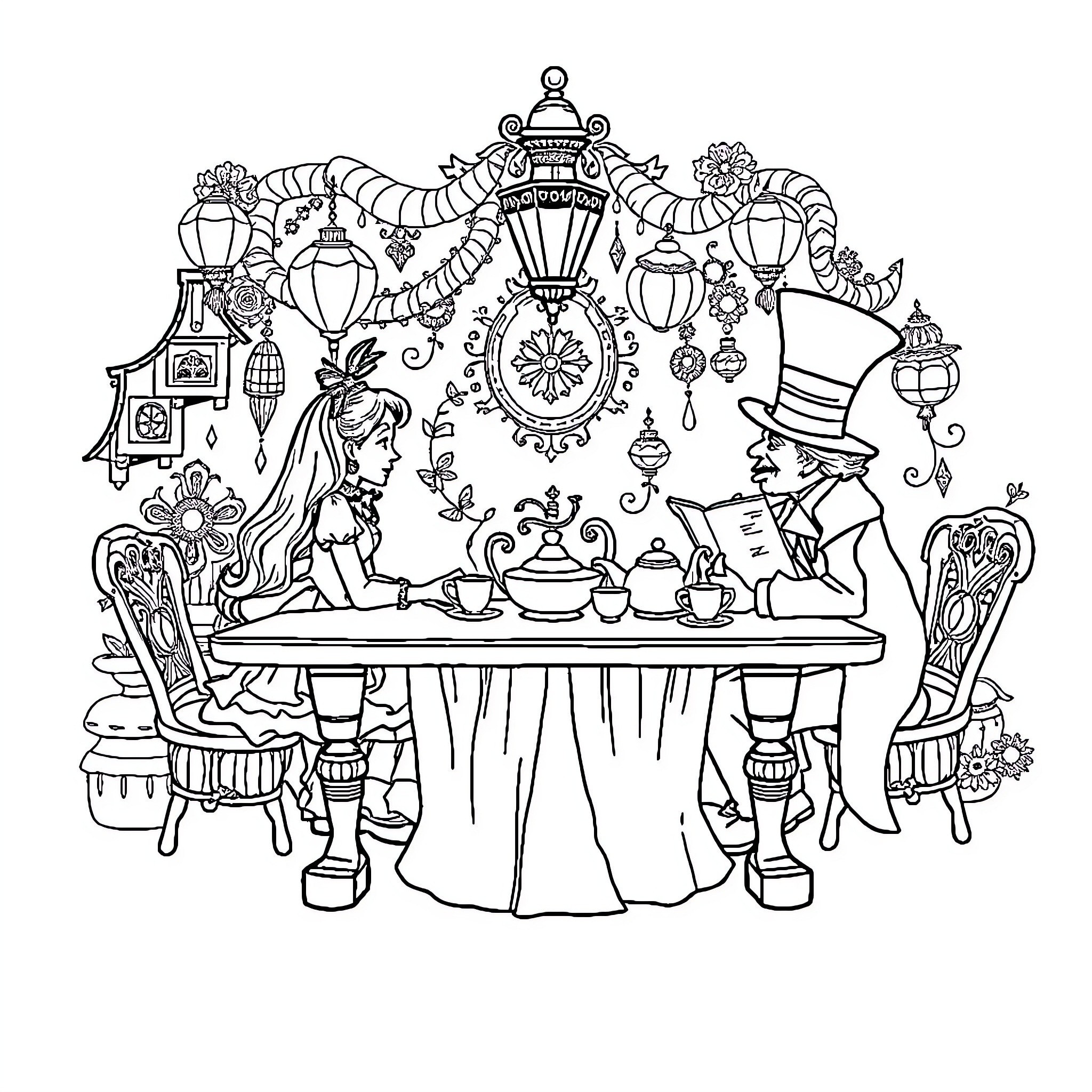 Alice's Whimsical Tea Party with Eccentric Guests Coloring Page (free black-and-white line drawing printable PDF for all, from beginners to advanced learners, including children, teens, adults, and seniors)