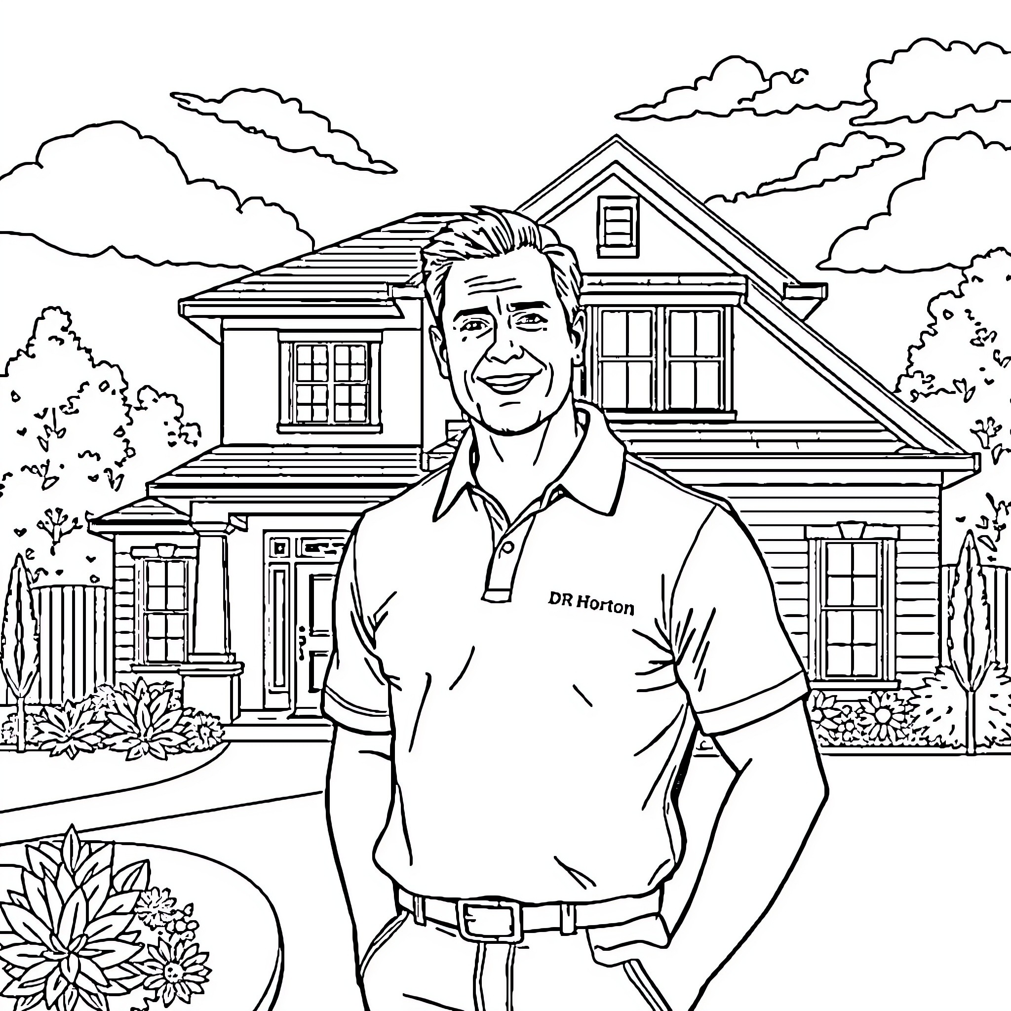 Salesman confidently presents suburban home Coloring Page (free black-and-white line drawing printable PDF for all, from beginners to advanced learners, including children, teens, adults, and seniors)