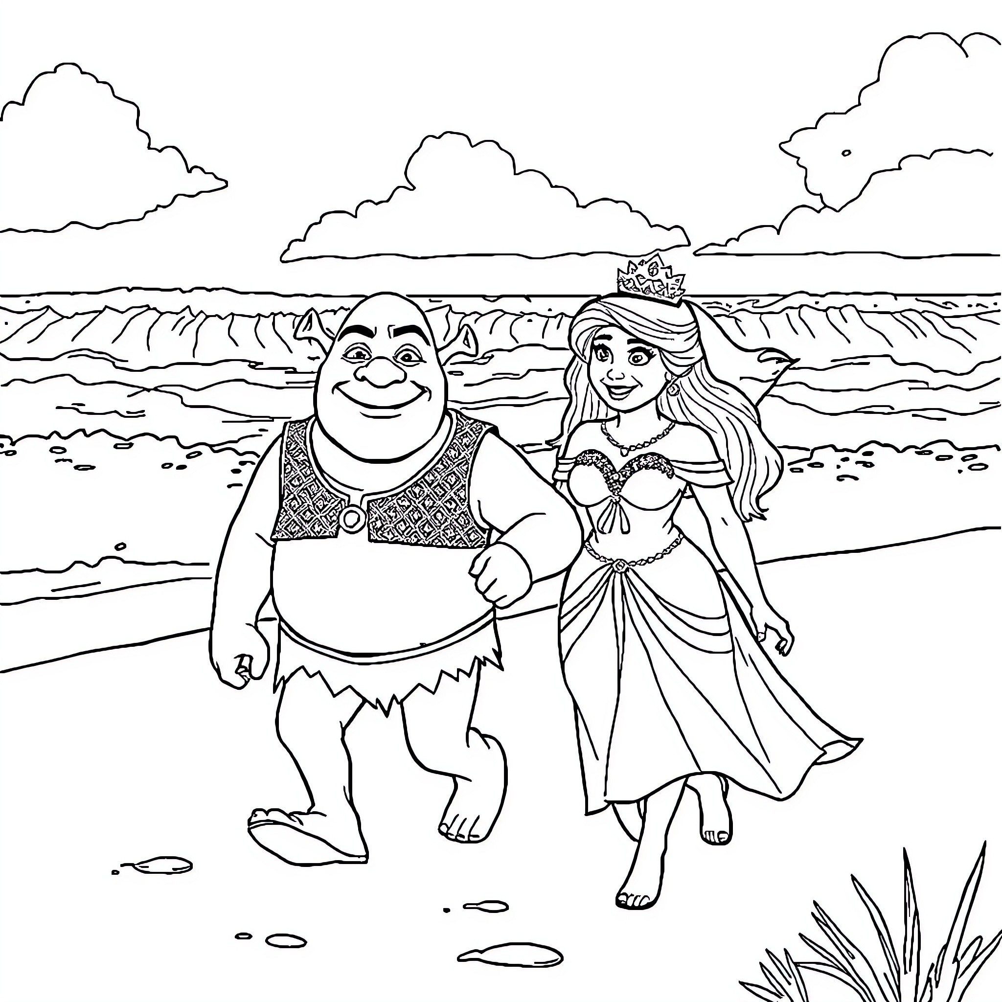Shrek and Princess Fiona strolling on the beach Coloring Page (free black-and-white line drawing printable PDF for all, from beginners to advanced learners, including children, teens, adults, and seniors)