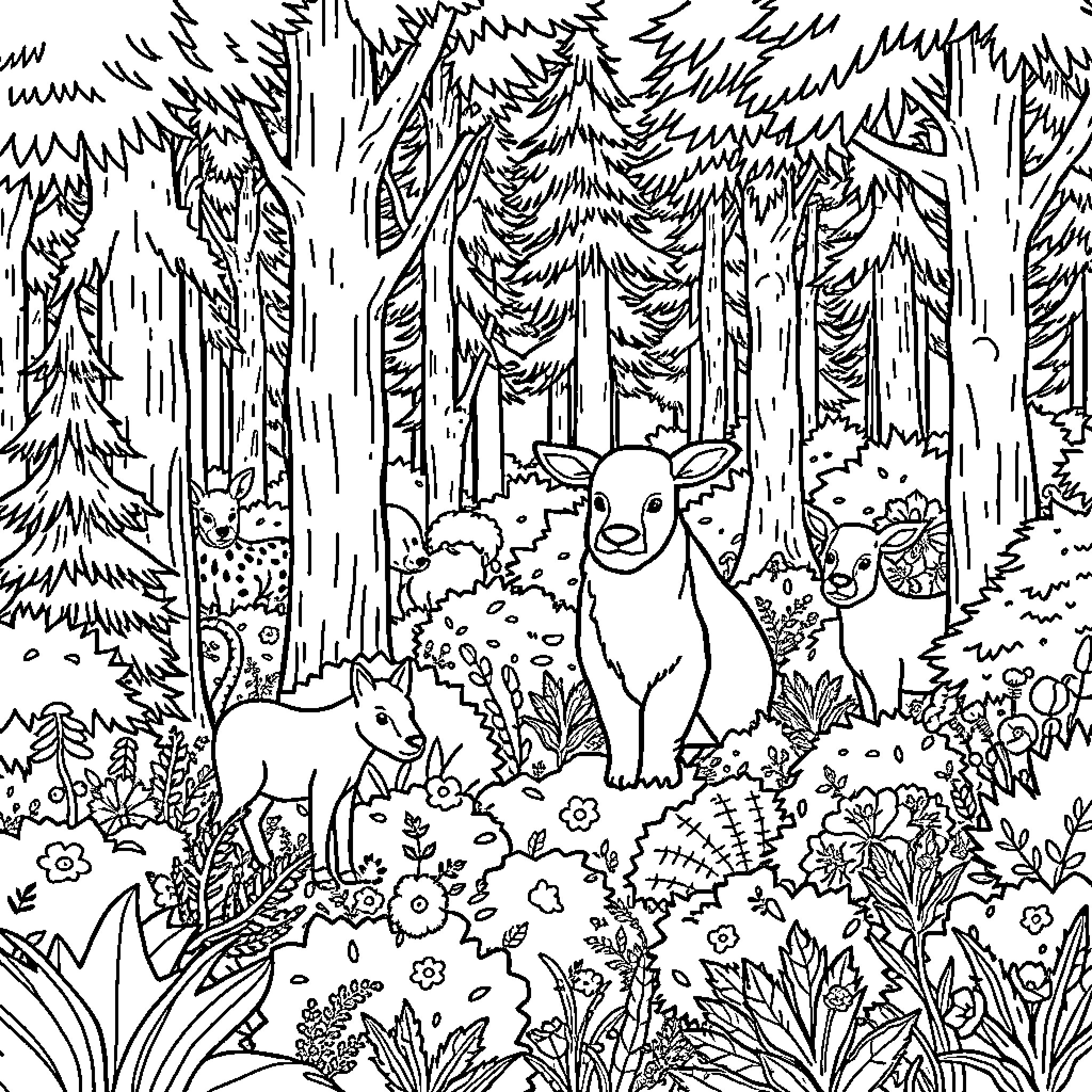 Animal forest scene with cute woodland creatures Coloring Page (free black-and-white line drawing printable PDF for all, from beginners to advanced learners, including children, teens, adults, and seniors)