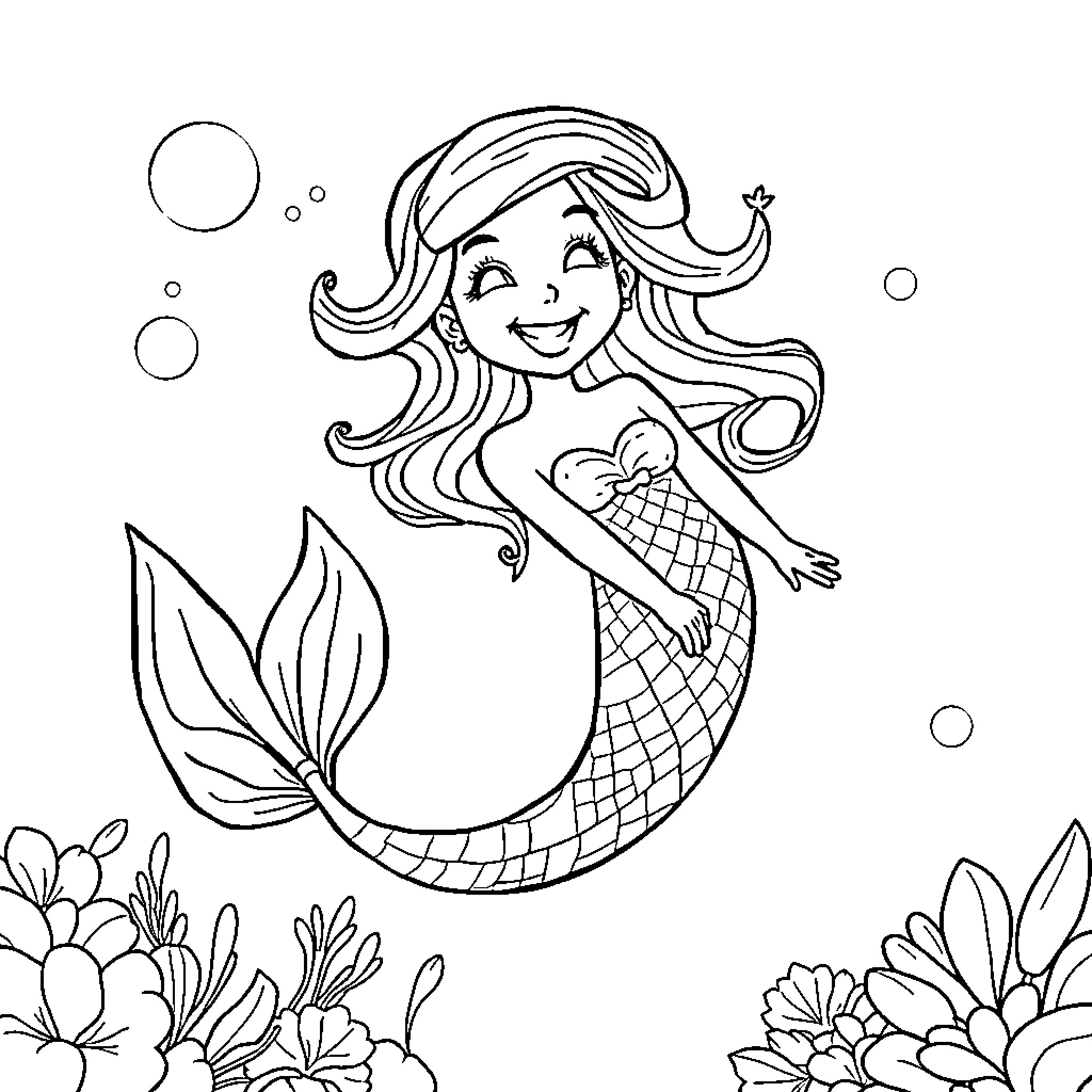 Mermaid in a Whimsical Underwater Scene Coloring Page (free black-and-white line drawing printable PDF for all, from beginners to advanced learners, including children, teens, adults, and seniors)
