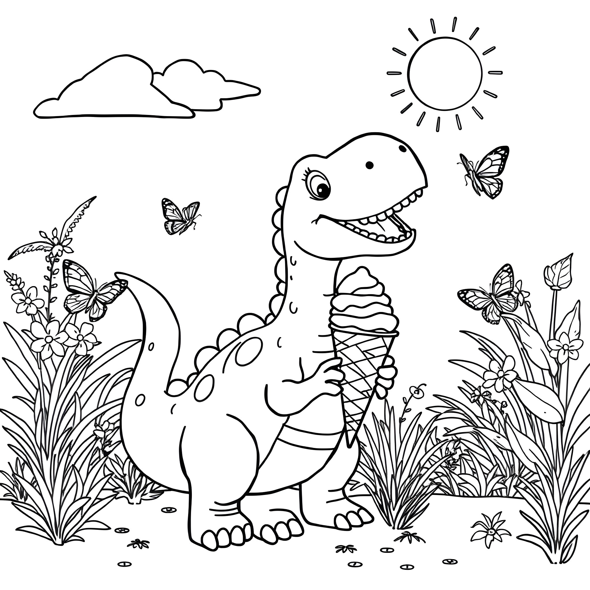 Dinosaur enjoying an ice cream cone in the garden Coloring Page (free black-and-white line drawing printable PDF for all, from beginners to advanced learners, including children, teens, adults, and seniors)