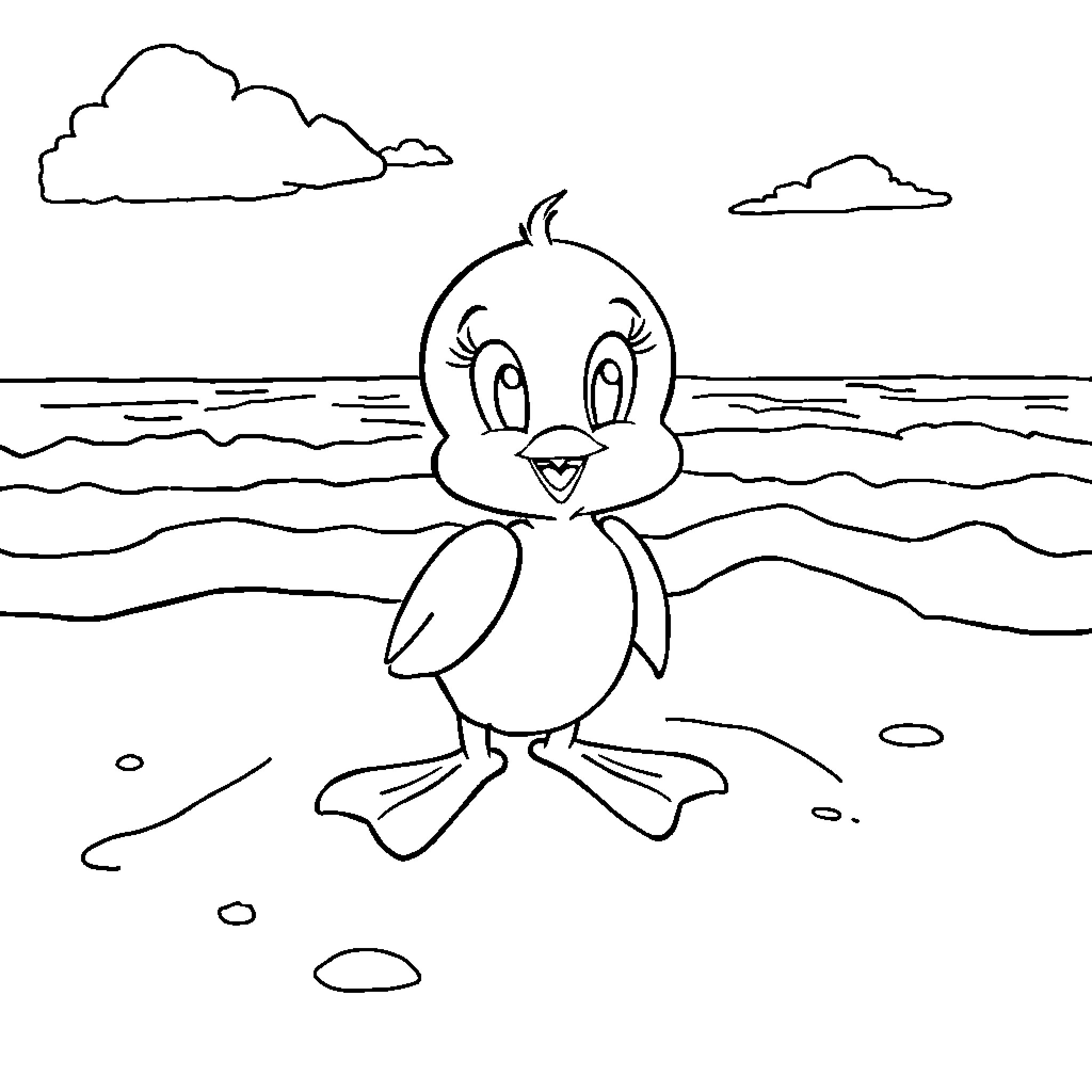 Tweety enjoying a day at the beach Coloring Page (free black-and-white line drawing printable PDF for all, from beginners to advanced learners, including children, teens, adults, and seniors)