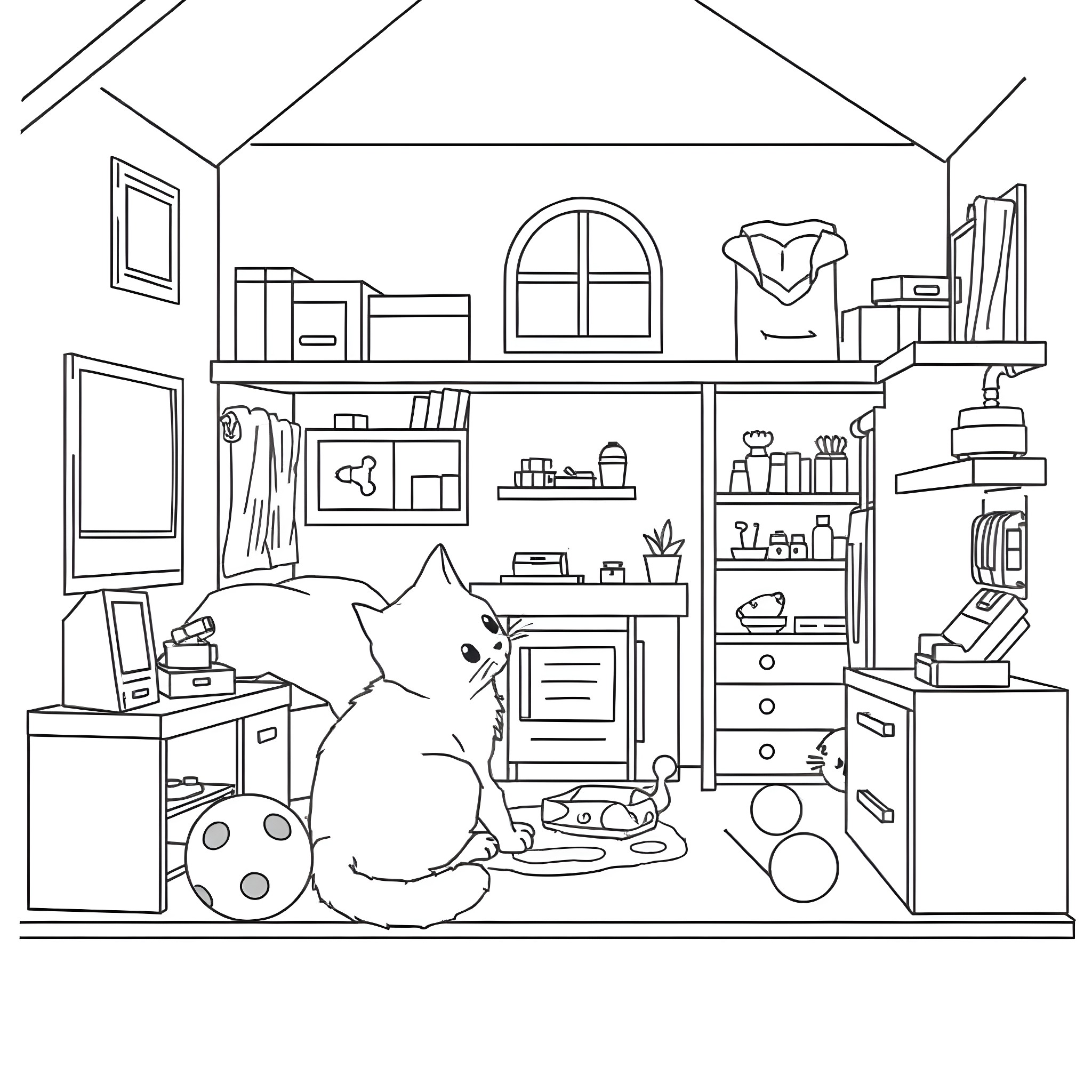Cat exploring a cluttered room filled with items Coloring Page (free black-and-white line drawing printable PDF for all, from beginners to advanced learners, including children, teens, adults, and seniors)