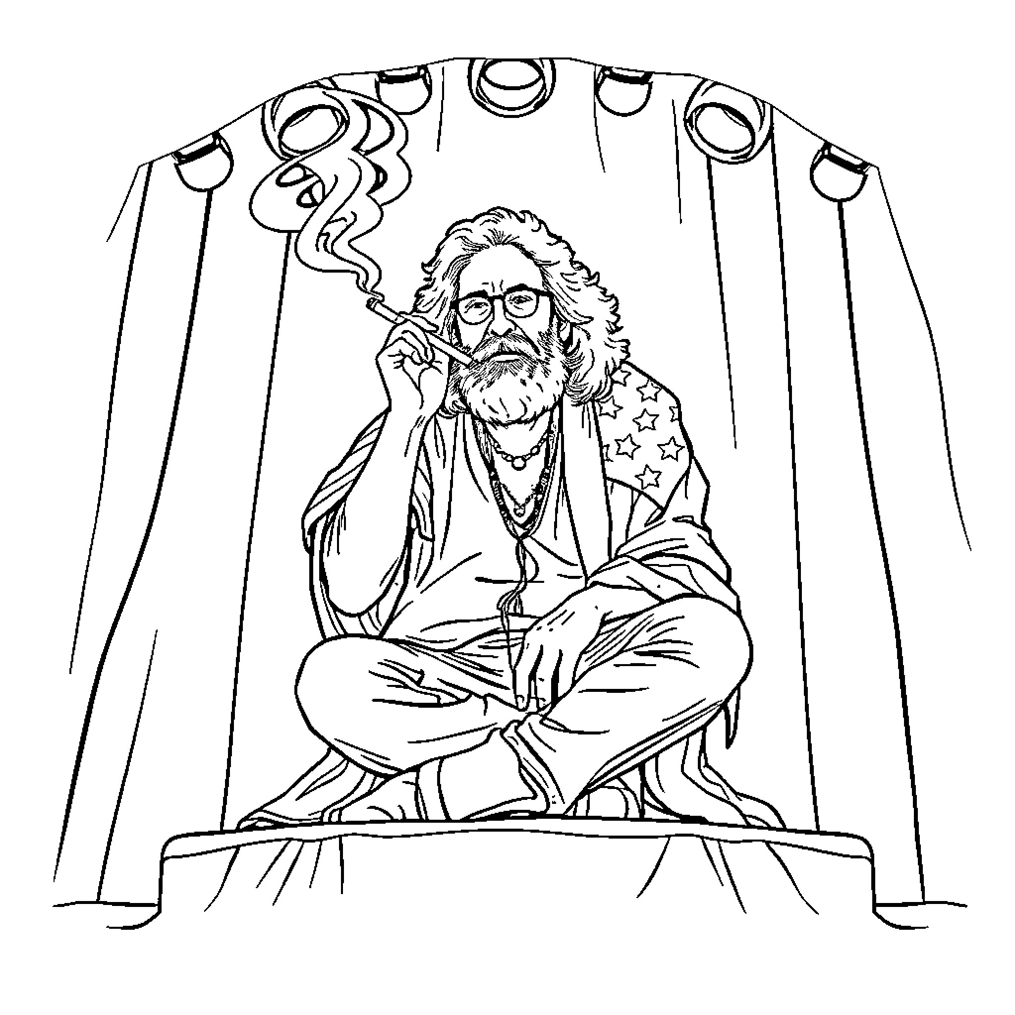 Jerry Garcia enjoying a psychedelic performance Coloring Page (free black-and-white line drawing printable PDF for all, from beginners to advanced learners, including children, teens, adults, and seniors)