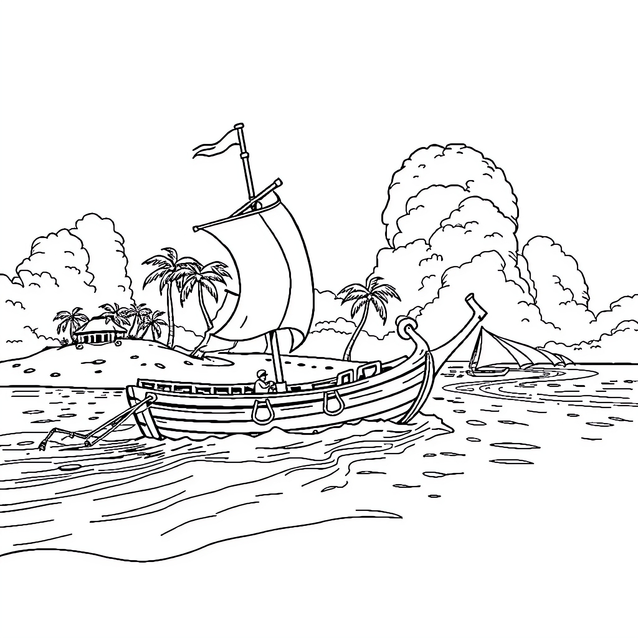 Pirate Boat Sailing on Tropical Waters Coloring Page (free black-and-white line drawing printable PDF for all, from beginners to advanced learners, including children, teens, adults, and seniors)