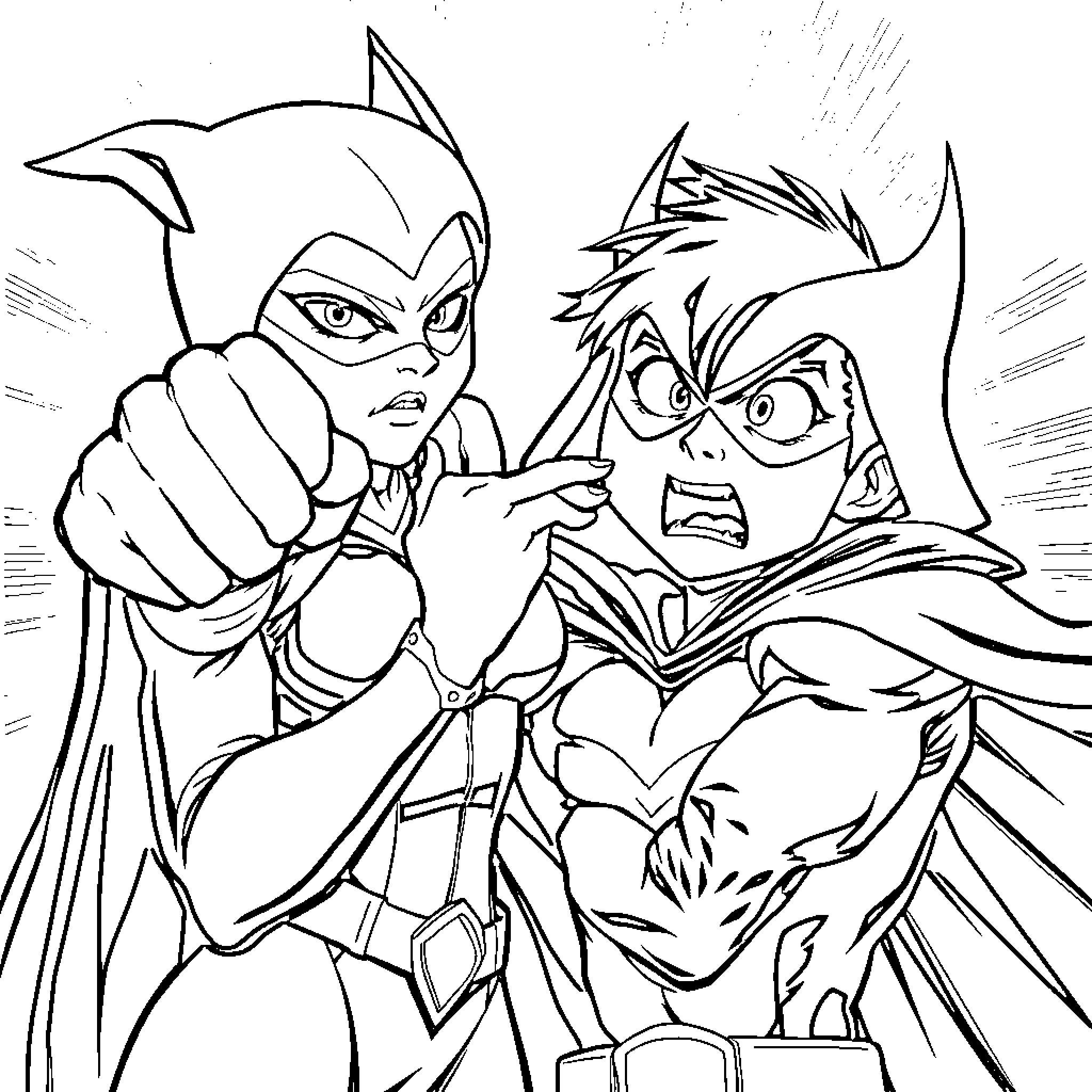 Raven superheroes in intense battle Coloring Page (free black-and-white line drawing printable PDF for all, from beginners to advanced learners, including children, teens, adults, and seniors)