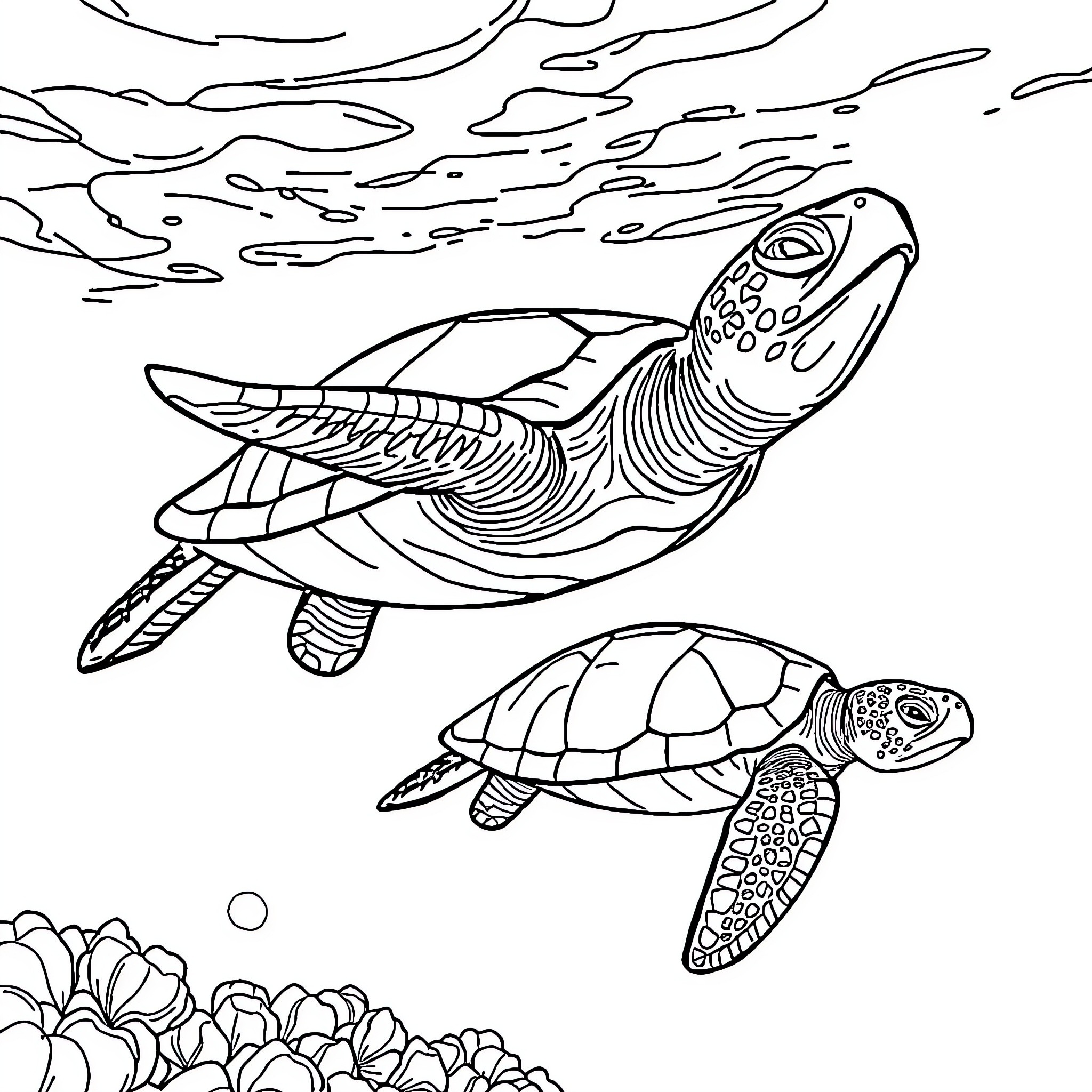 Sea Turtles Swimming Gracefully in the Ocean Coloring Page (free black-and-white line drawing printable PDF for all, from beginners to advanced learners, including children, teens, adults, and seniors)