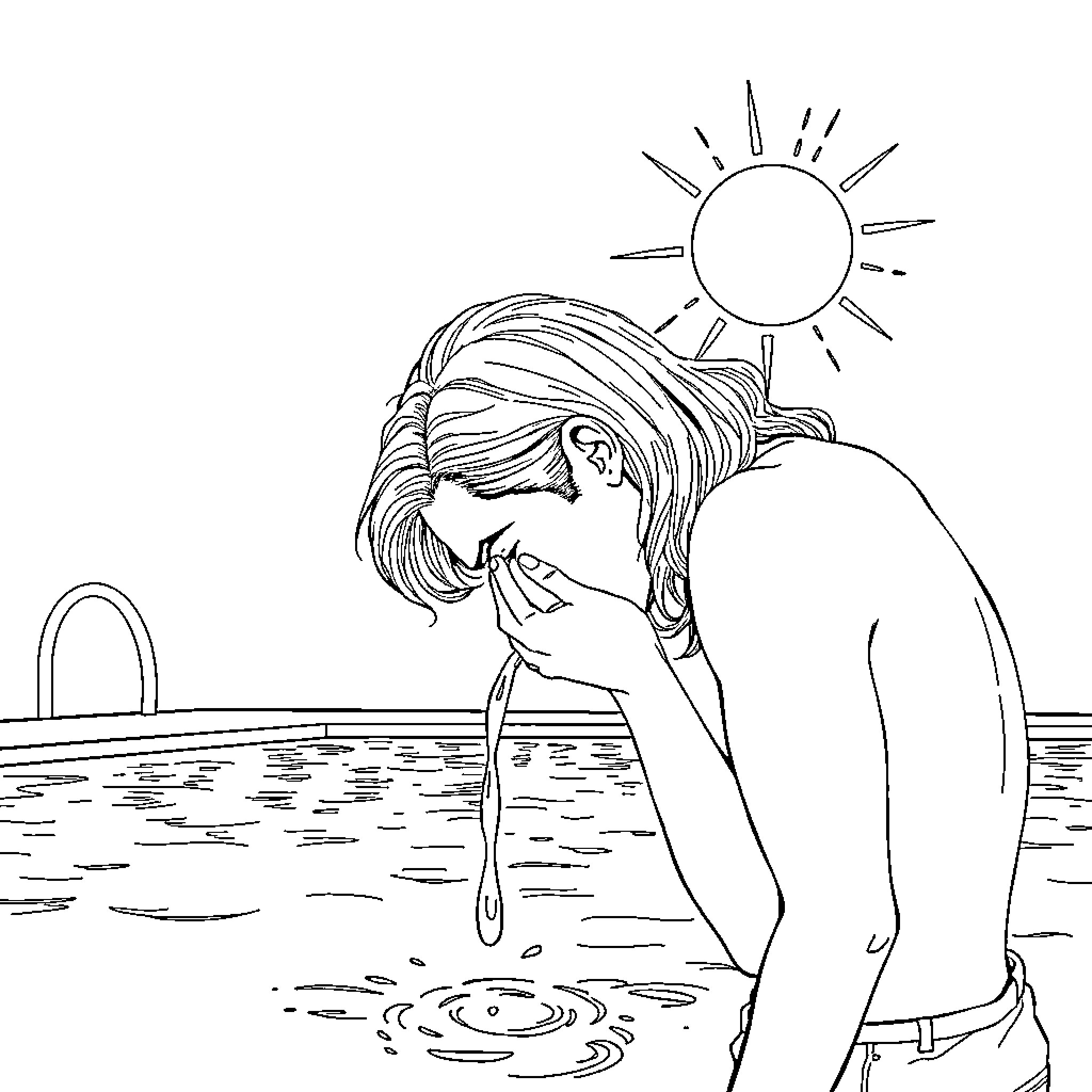 Man cooling off in the water on a sunny day Coloring Page (free black-and-white line drawing printable PDF for all, from beginners to advanced learners, including children, teens, adults, and seniors)