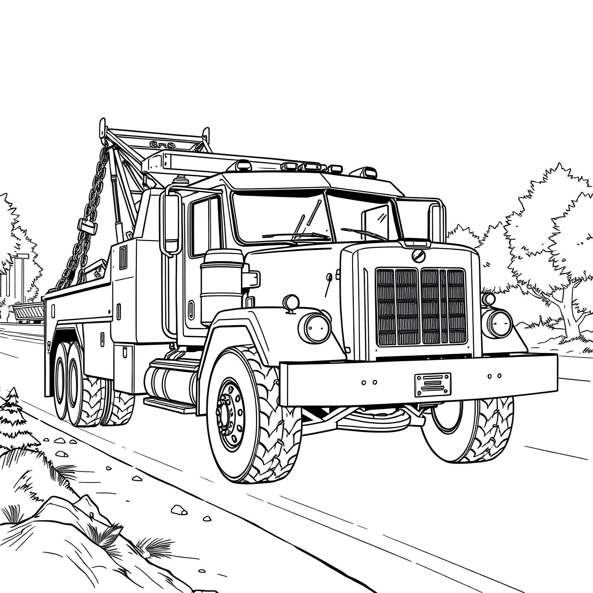 Tow Pickup Truck on Country Road Coloring Page (free black-and-white line drawing printable PDF for all, from beginners to advanced learners, including children, teens, adults, and seniors)