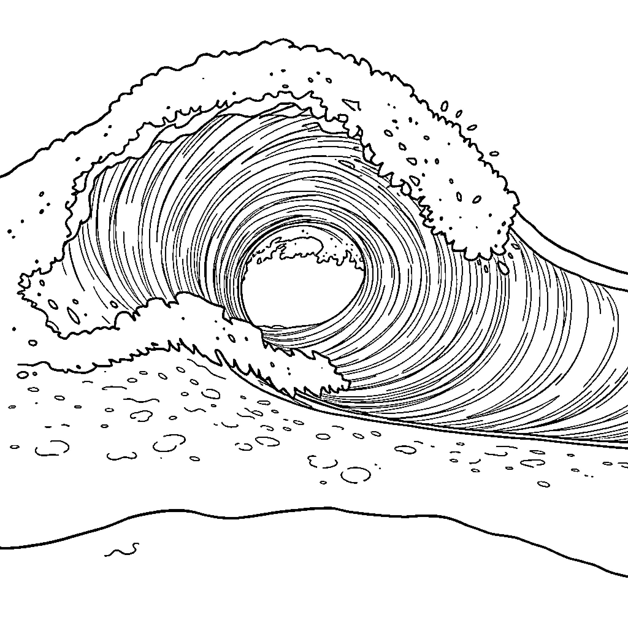 Wave crashing with dramatic swirls Coloring Page (free black-and-white line drawing printable PDF for all, from beginners to advanced learners, including children, teens, adults, and seniors)