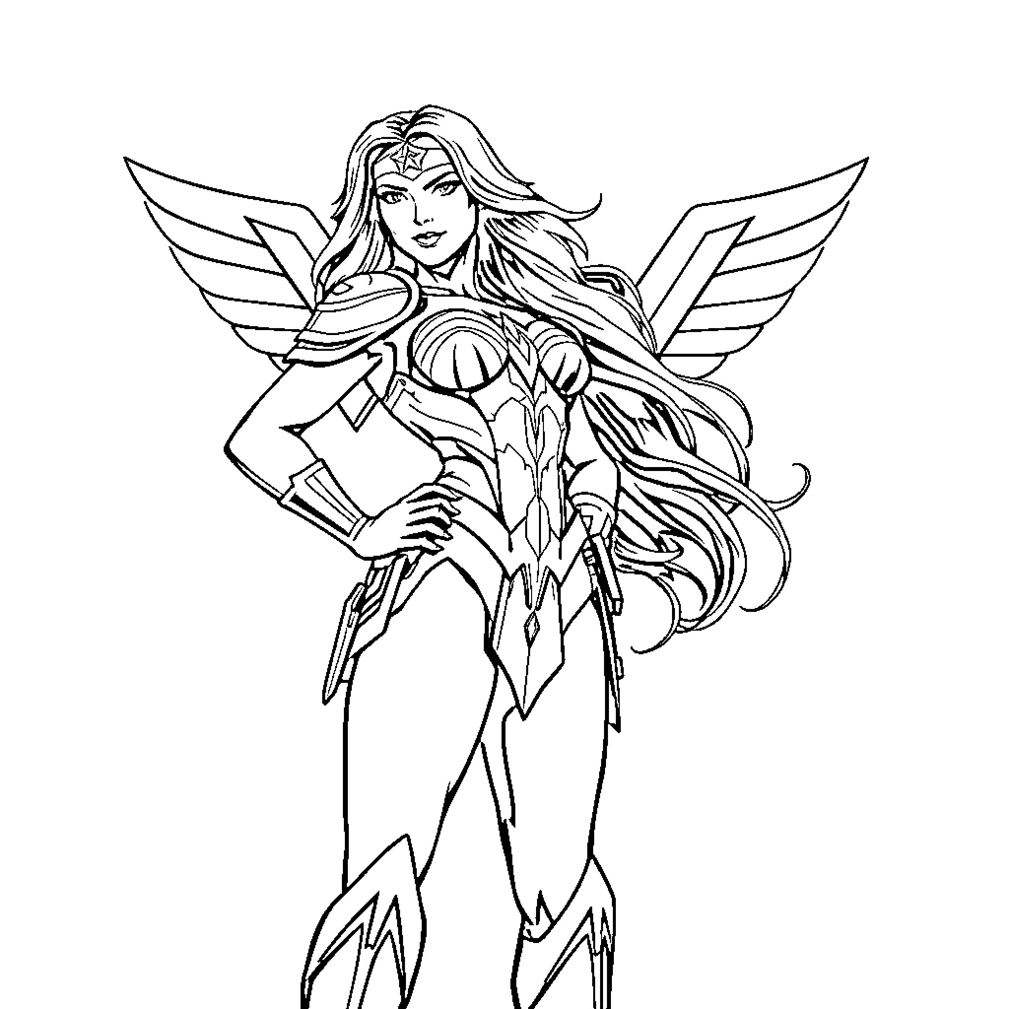 Wonder Woman in heroic battle stance Coloring Page (free black-and-white line drawing printable PDF for all, from beginners to advanced learners, including children, teens, adults, and seniors)