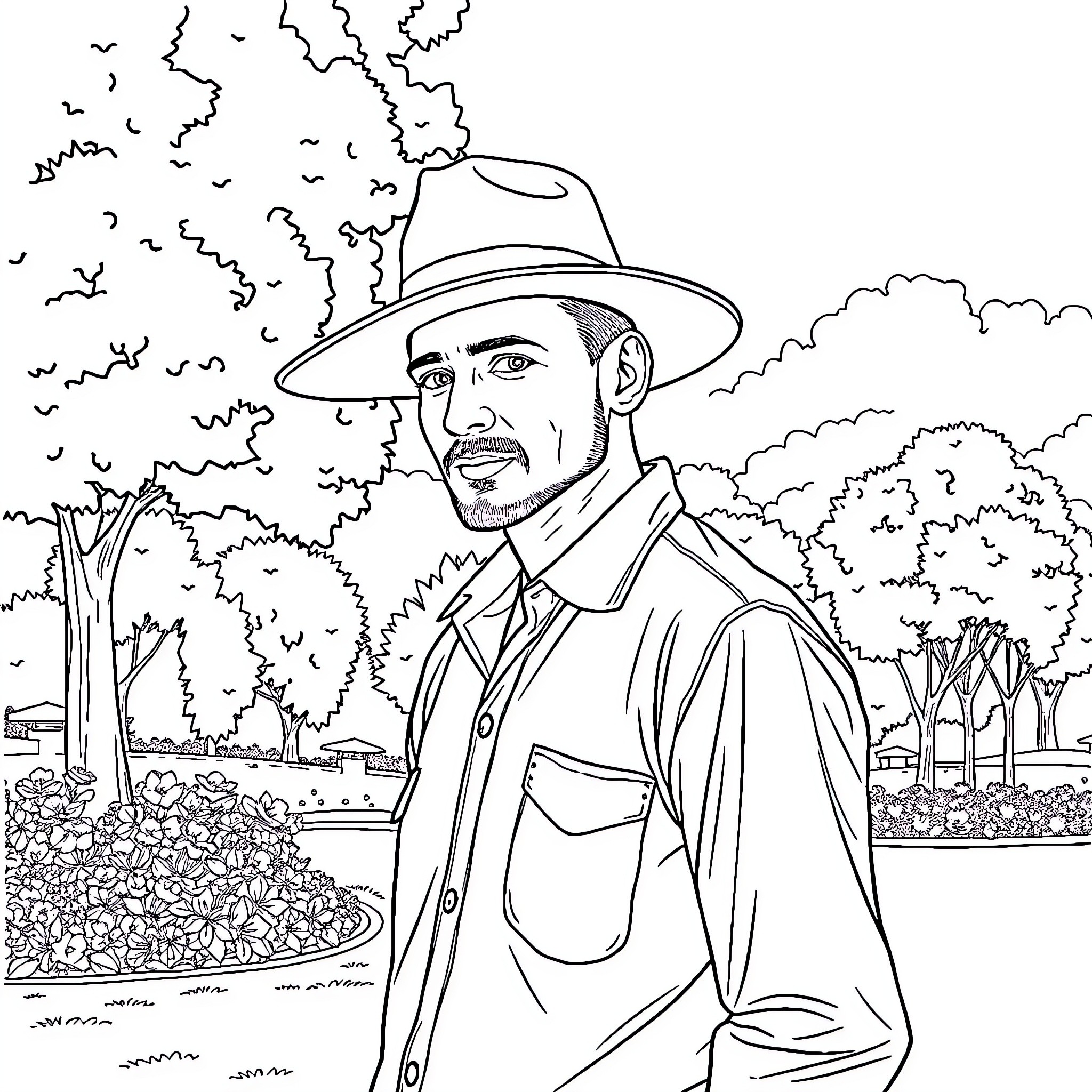 Man in hat and coat standing in outdoor park Coloring Page (free black-and-white line drawing printable PDF for all, from beginners to advanced learners, including children, teens, adults, and seniors)