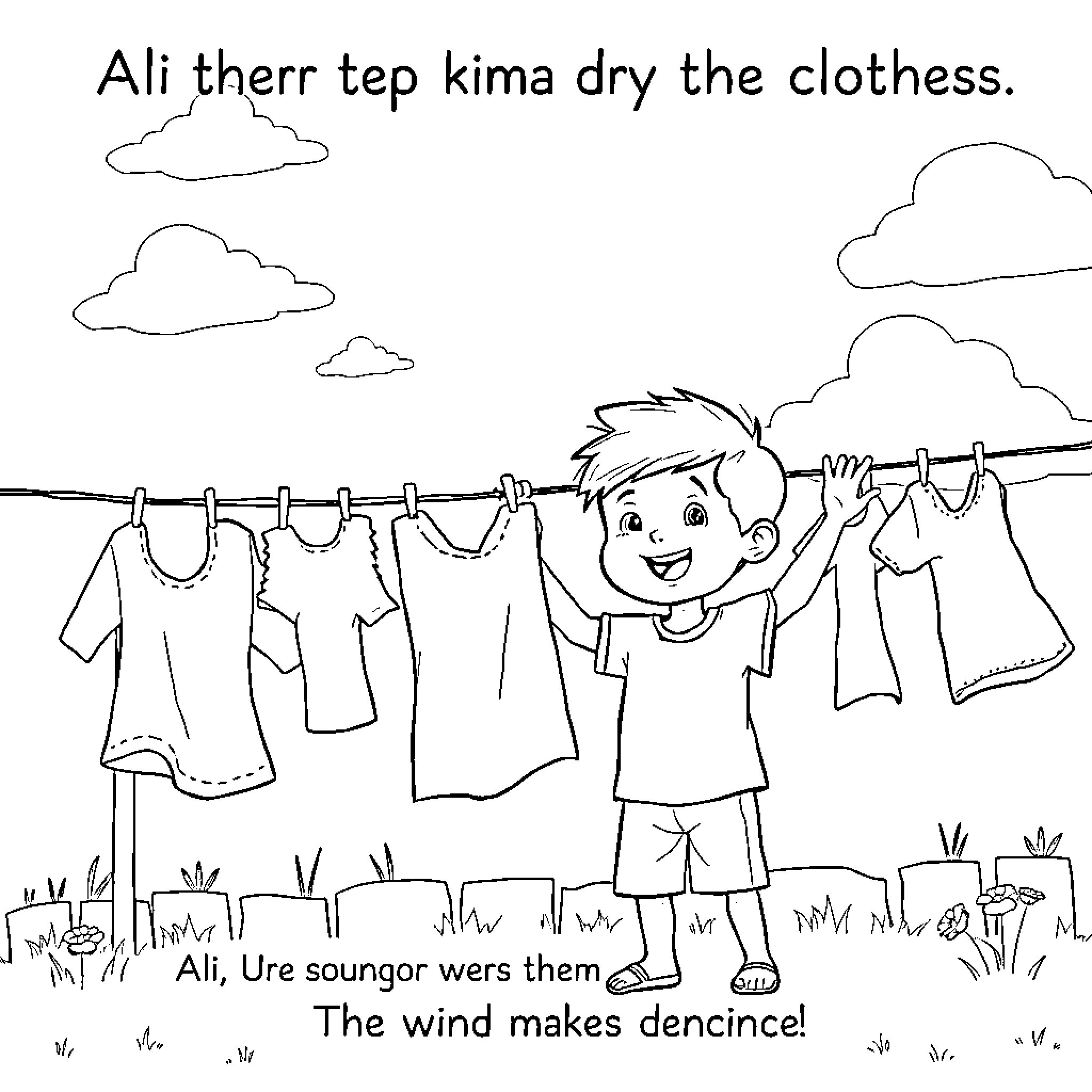 Boy hanging clothes to dry in the wind Coloring Page (free black-and-white line drawing printable PDF for all, from beginners to advanced learners, including children, teens, adults, and seniors)
