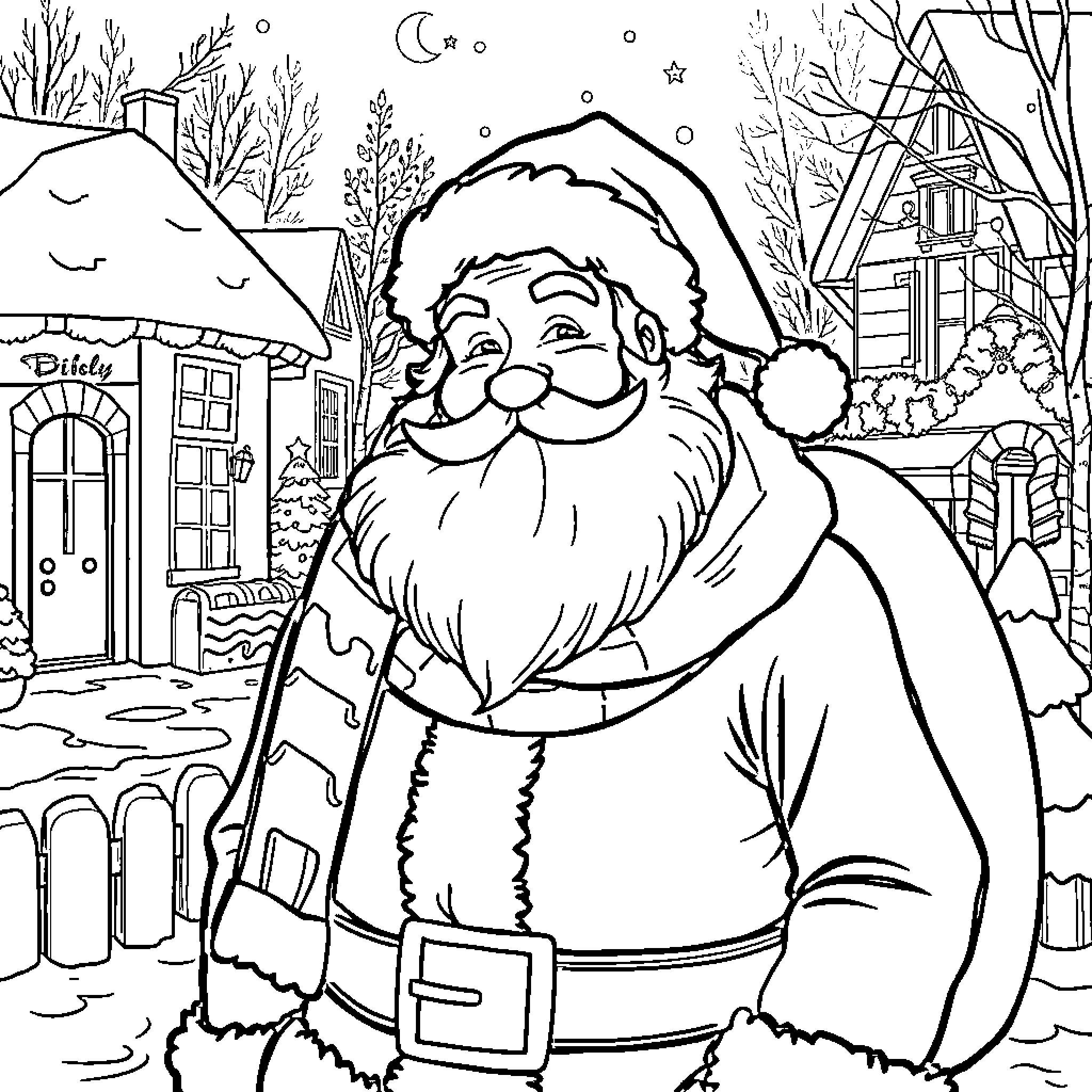 Santa Visiting a Winter Wonderland Coloring Page (free black-and-white line drawing printable PDF for all, from beginners to advanced learners, including children, teens, adults, and seniors)