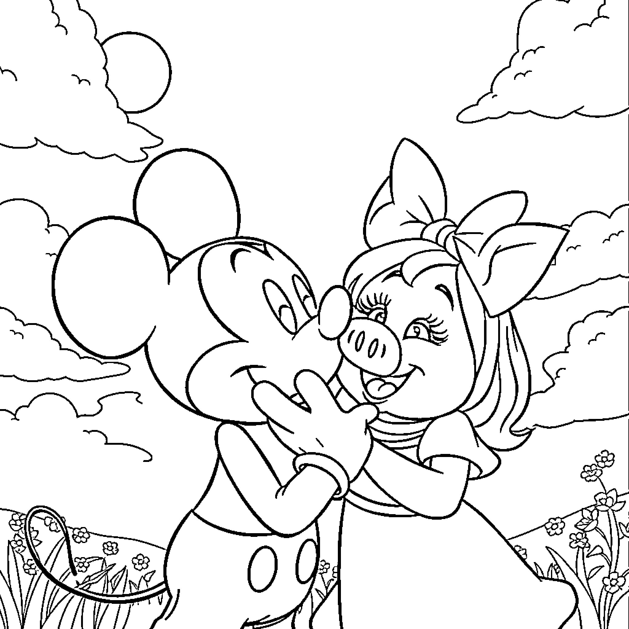 Mickey Mouse and Minnie Mouse kissing on a cloudy day Coloring Page (free black-and-white line drawing printable PDF for all, from beginners to advanced learners, including children, teens, adults, and seniors)